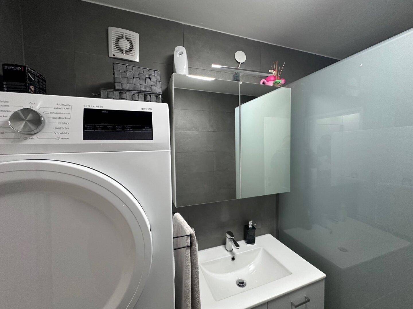 Modernes Badezimmer mit Waschmaschine, Einzelwaschbecken und grauen Wand- und Bodenfliesen.