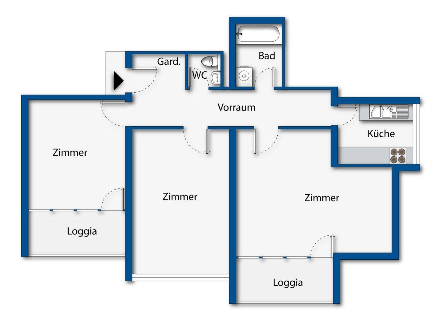 Grundriss der Wohnung mit drei Zimmern, Küche, Bad, WC und zwei Loggien.