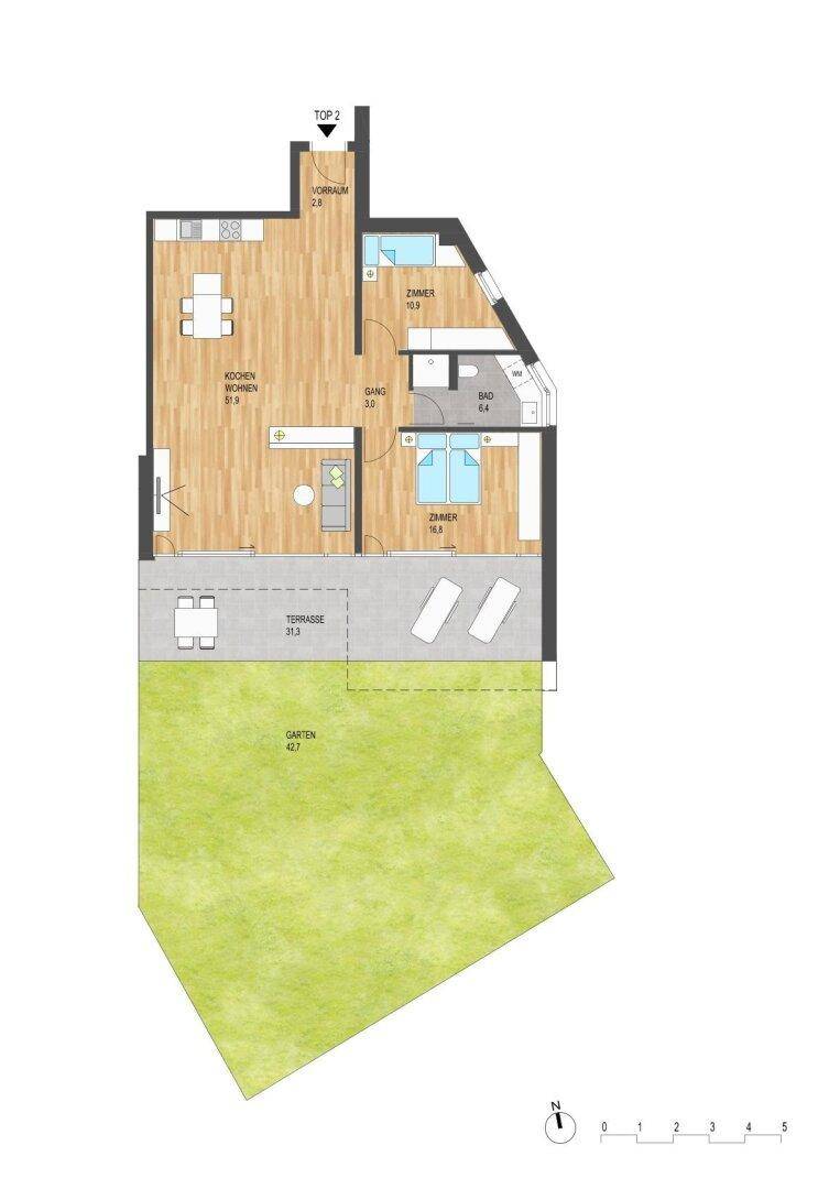 Grundriss der Wohnung TOP 2 mit offener Küche, Schlafzimmer, Bad, Terrasse und Garten.