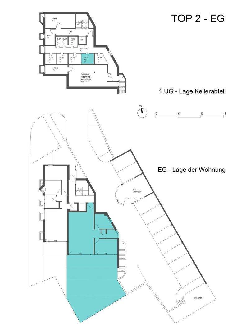 Übersichtsplan der Wohnung TOP 2 im Erdgeschoss und Lage des Kellerabteils im Untergeschoss.