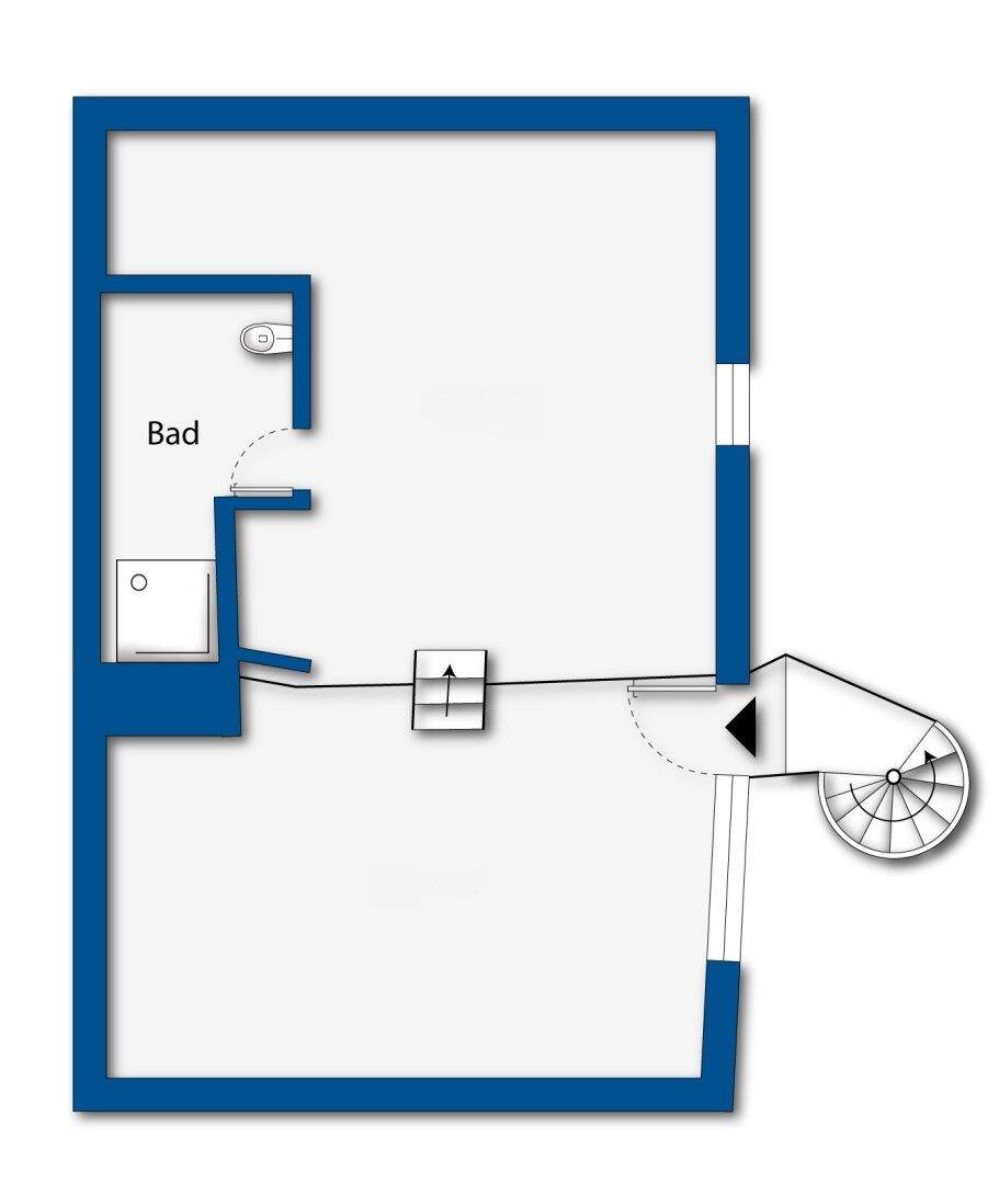 Grundriss mit Badezimmer und einer externen Wendeltreppe, die den Zugang ermöglicht.