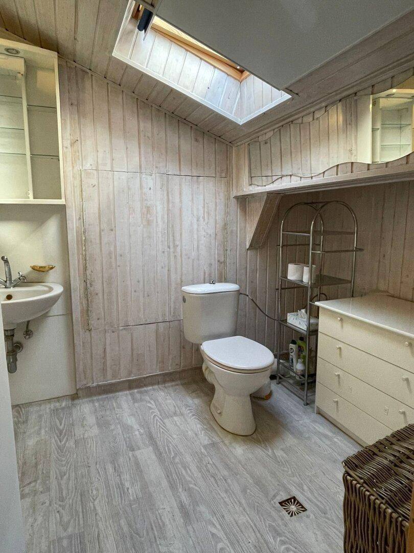 Badezimmer mit Toilette, Waschbecken, Holzwänden und einem Dachfenster für natürliches Licht.