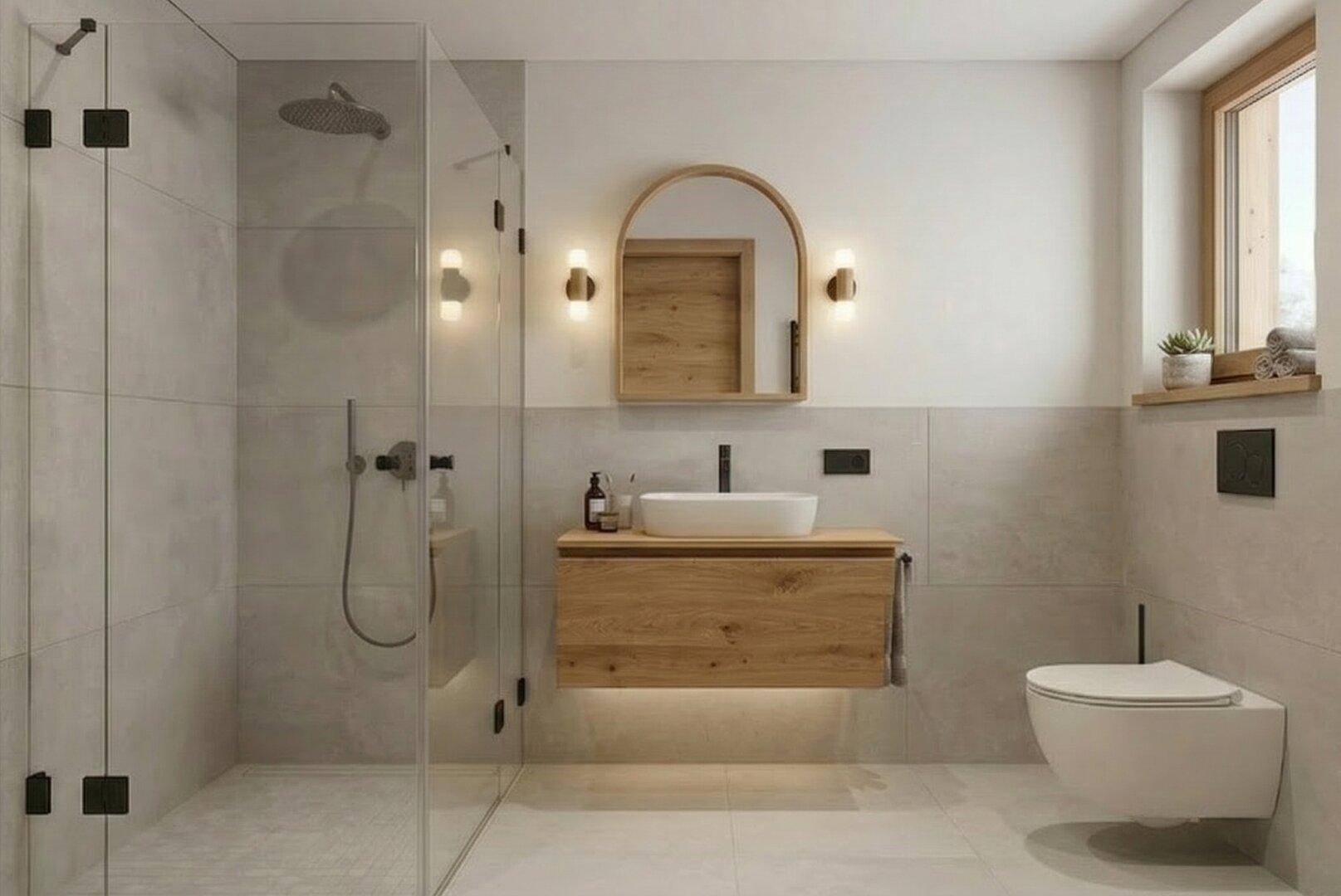 Modernes Badezimmer mit begehbarer Dusche, schwebendem Waschtisch und Fenster für Tageslicht.