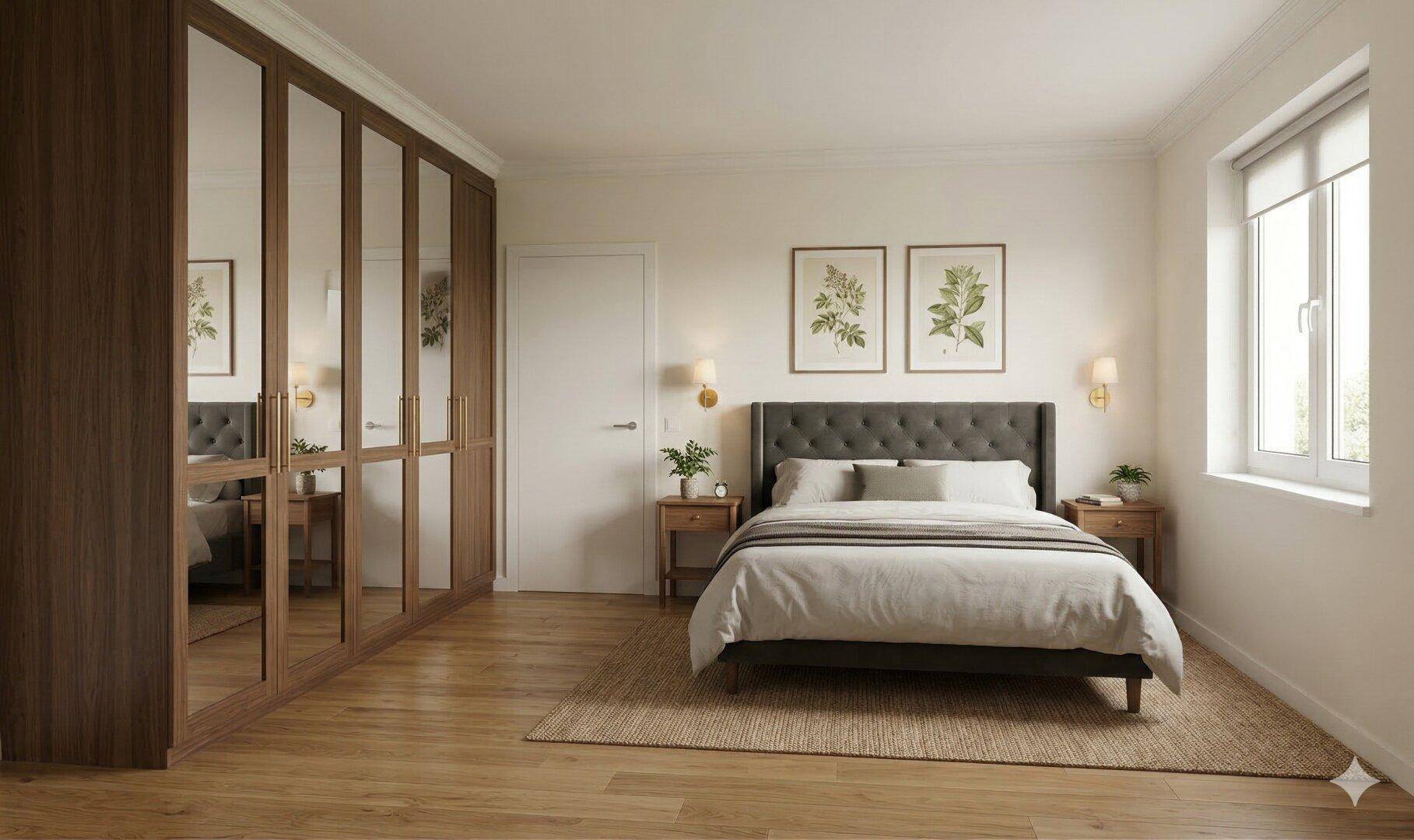 Gemütliches Schlafzimmer mit Holzboden, großem Bett und Spiegelschränken für viel Stauraum.