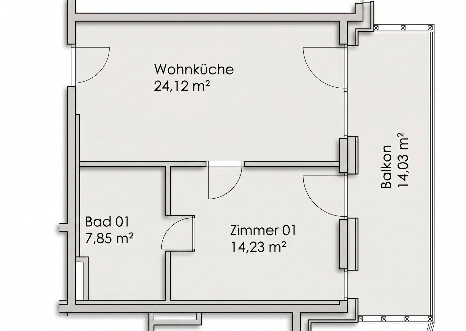 Grundriss einer Wohnung mit Wohnküche, Schlafzimmer und Balkon.