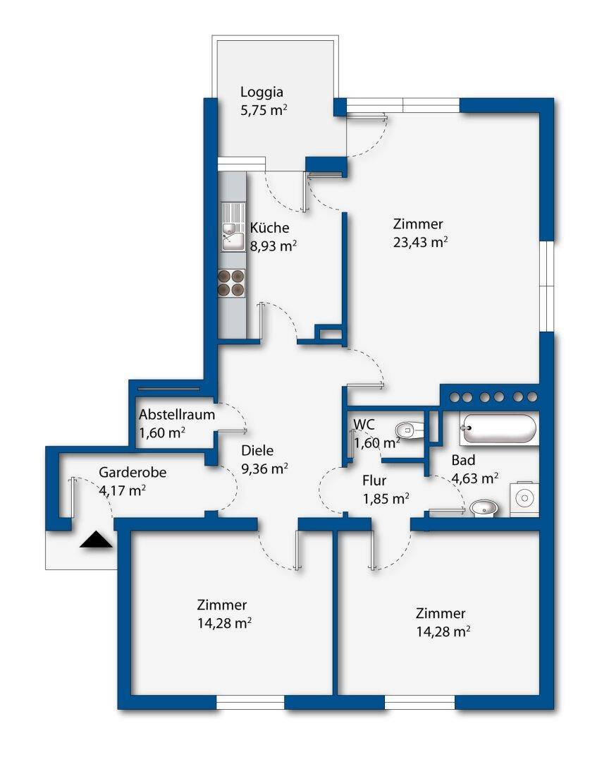Detaillierter Grundriss einer Wohnung mit Loggia, Küche und drei Zimmern.