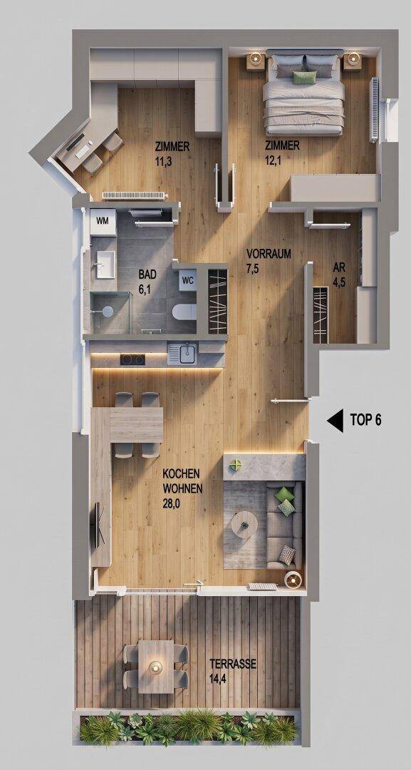 Möblierter Grundriss von TOP 6 mit Terrasse, offenem Wohnbereich, zwei Schlafzimmern und separatem WC.