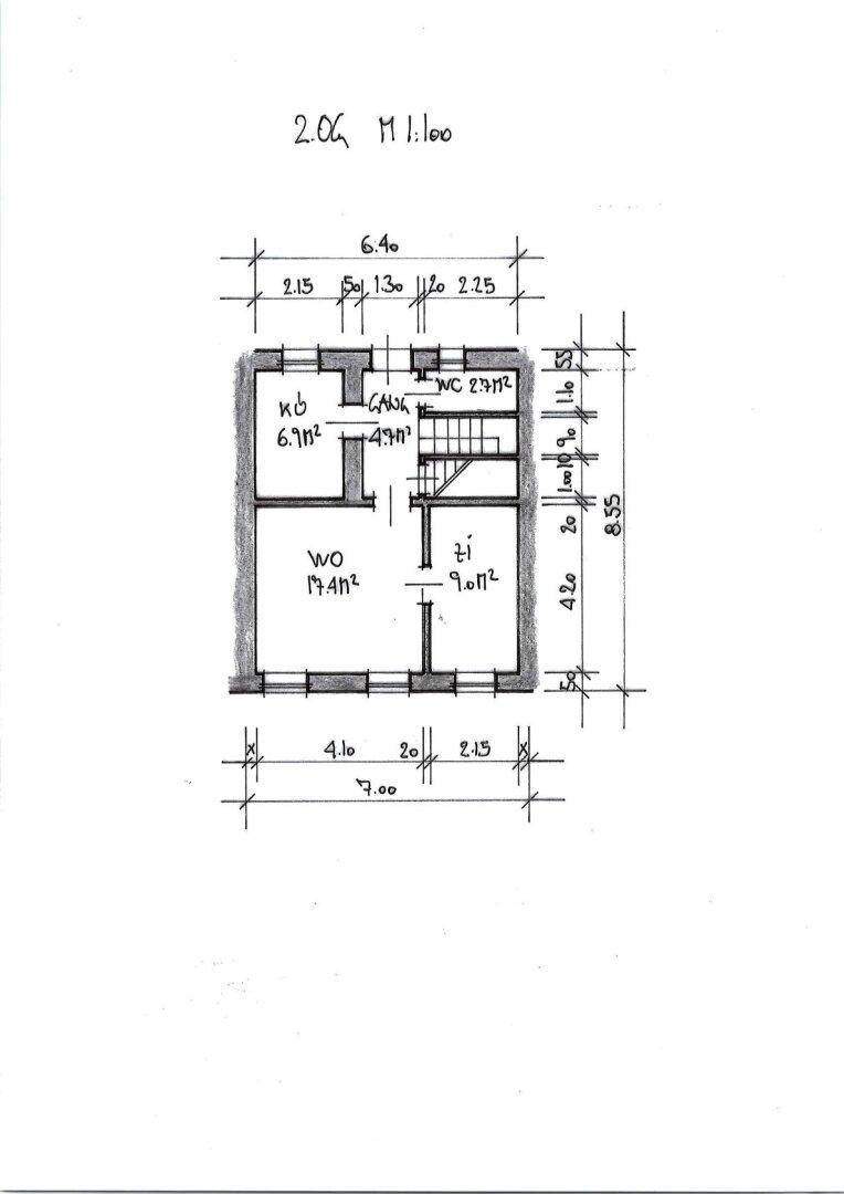 Grundriss des zweiten Obergeschosses mit Wohnzimmer, Schlafzimmer und Kochnische.