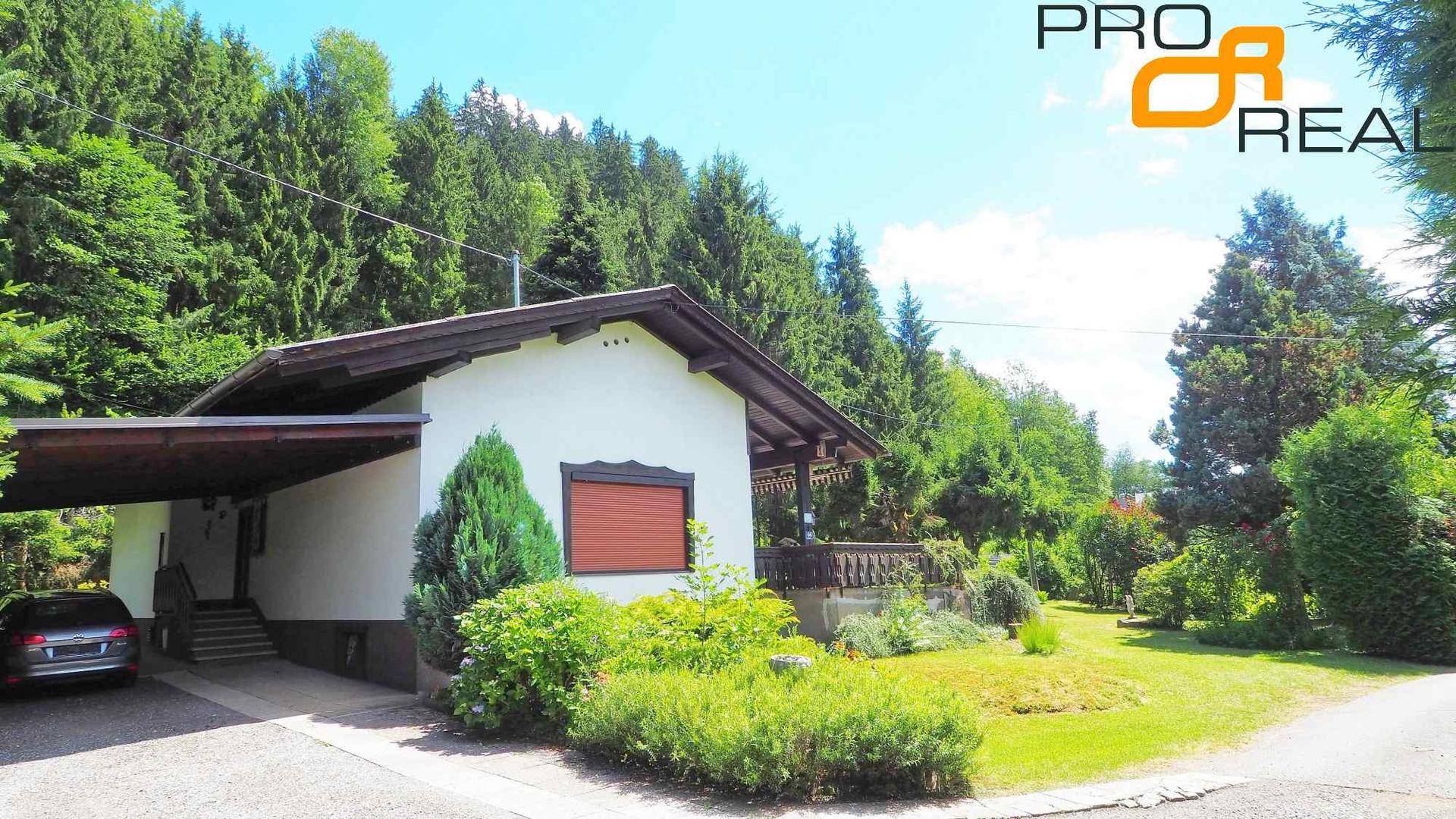 Ansicht des Hauses von der Seite mit Carport und umgebenden Nadelbäumen.