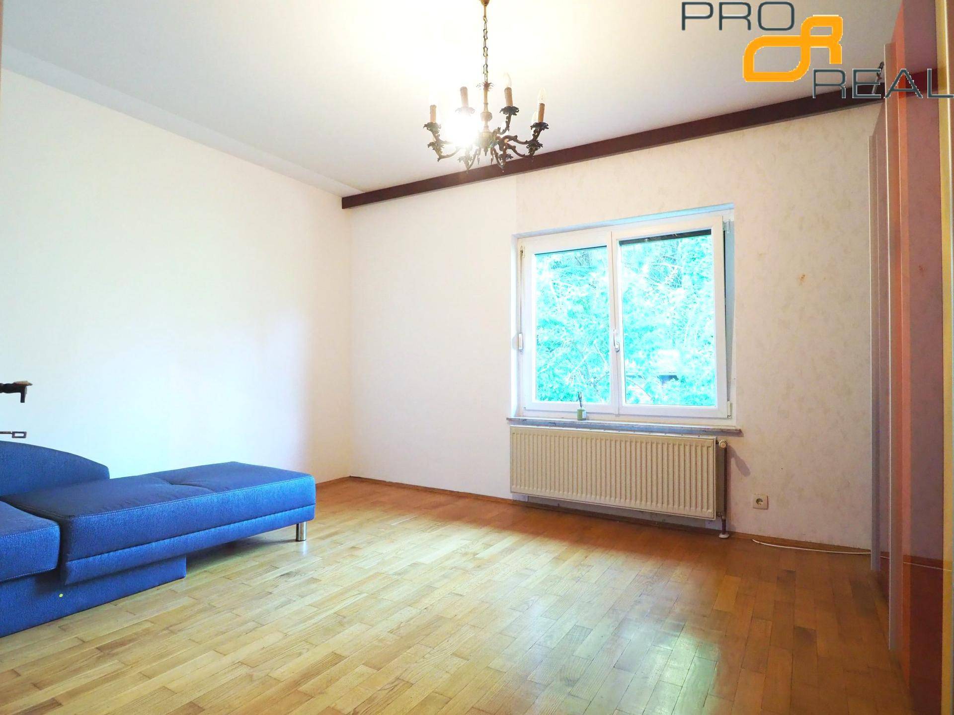Wohnzimmer mit blauem Sofa, Holzboden und großem Fenster, das viel Licht hereinlässt.