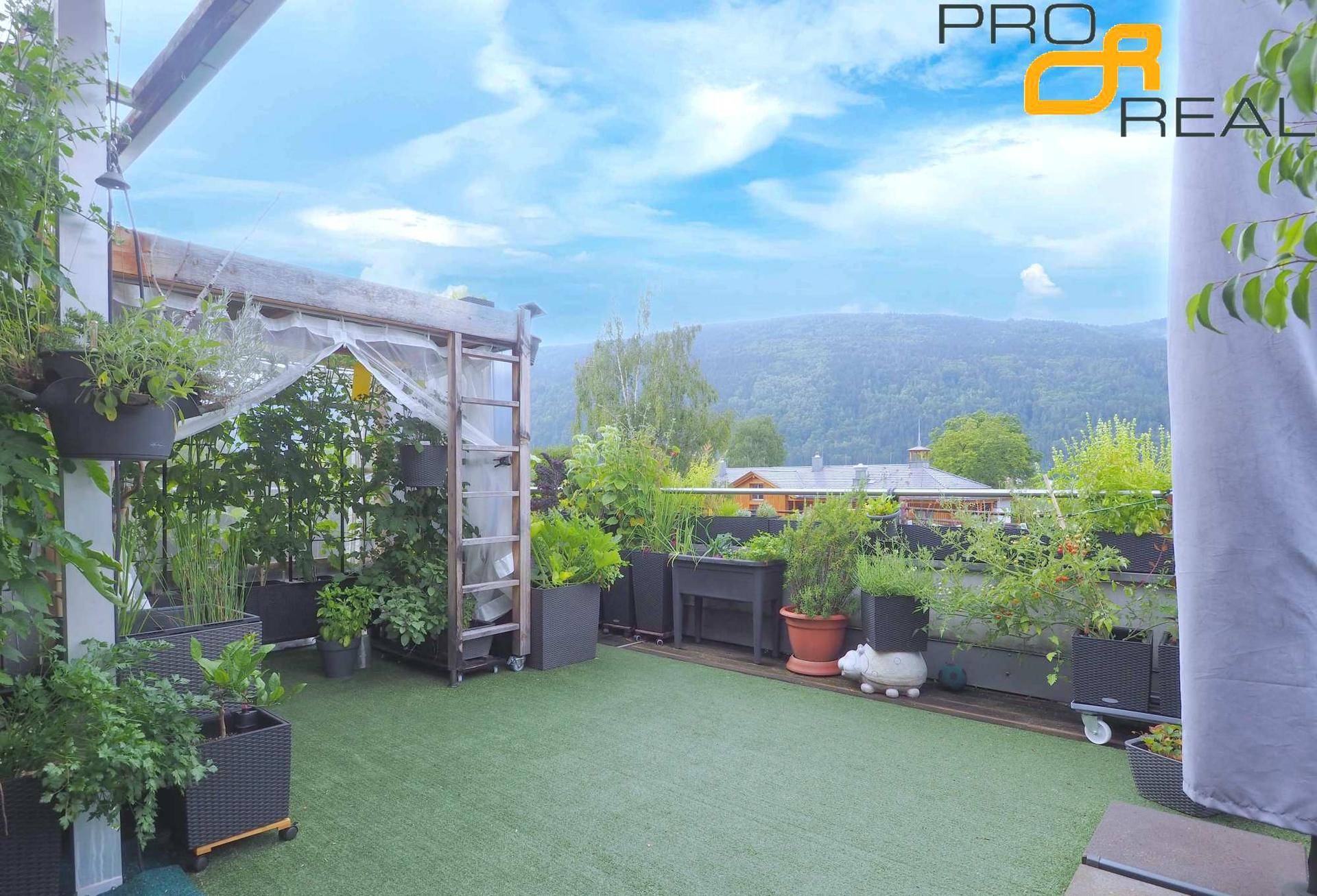 Große Dachterrasse mit zahlreichen Pflanzen, Kunstrasen und Panoramablick auf die Berge.