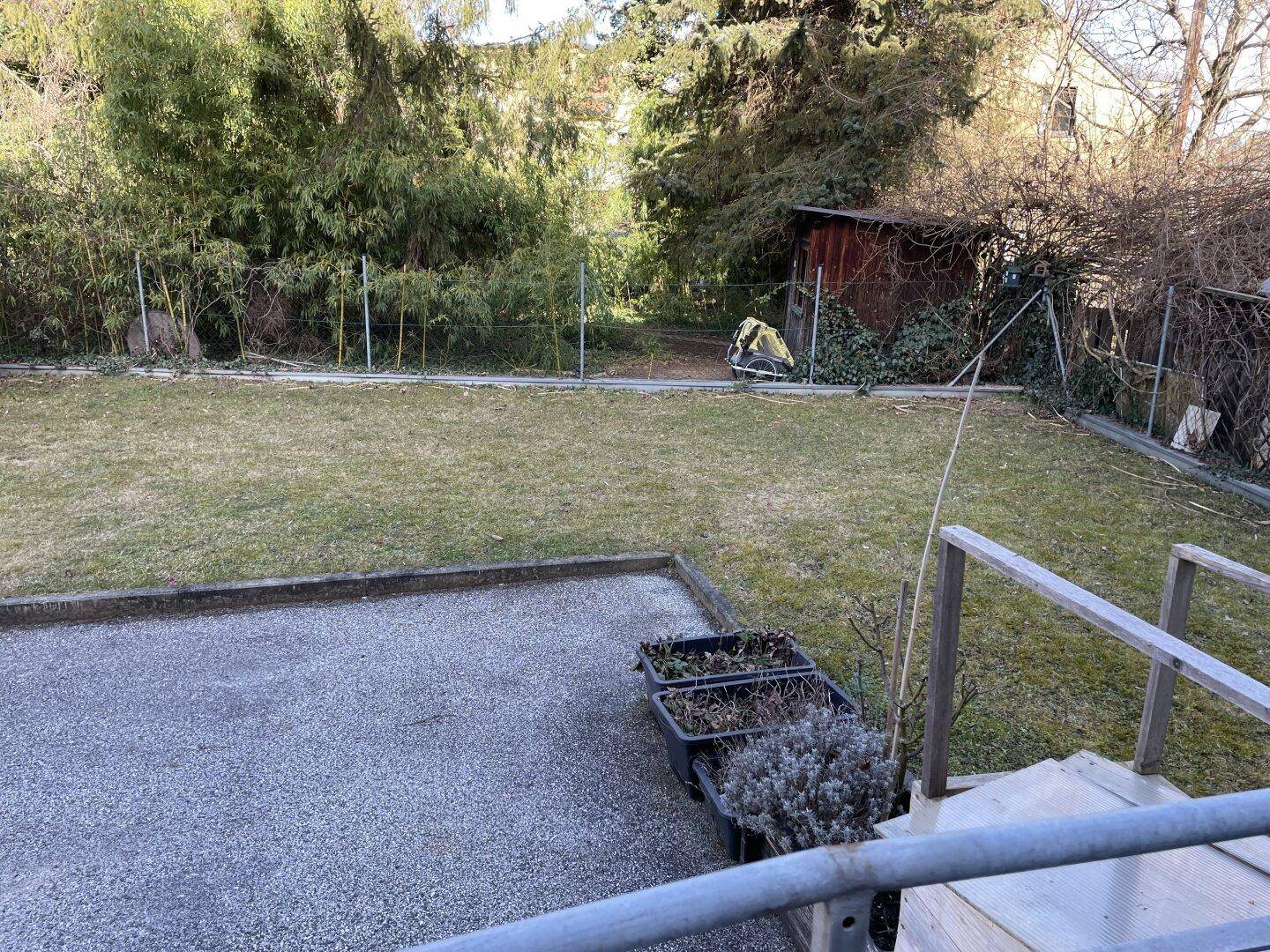 Gepflegter Gartenbereich mit Rasenfläche, Bäumen und einem kleinen Geräteschuppen.
