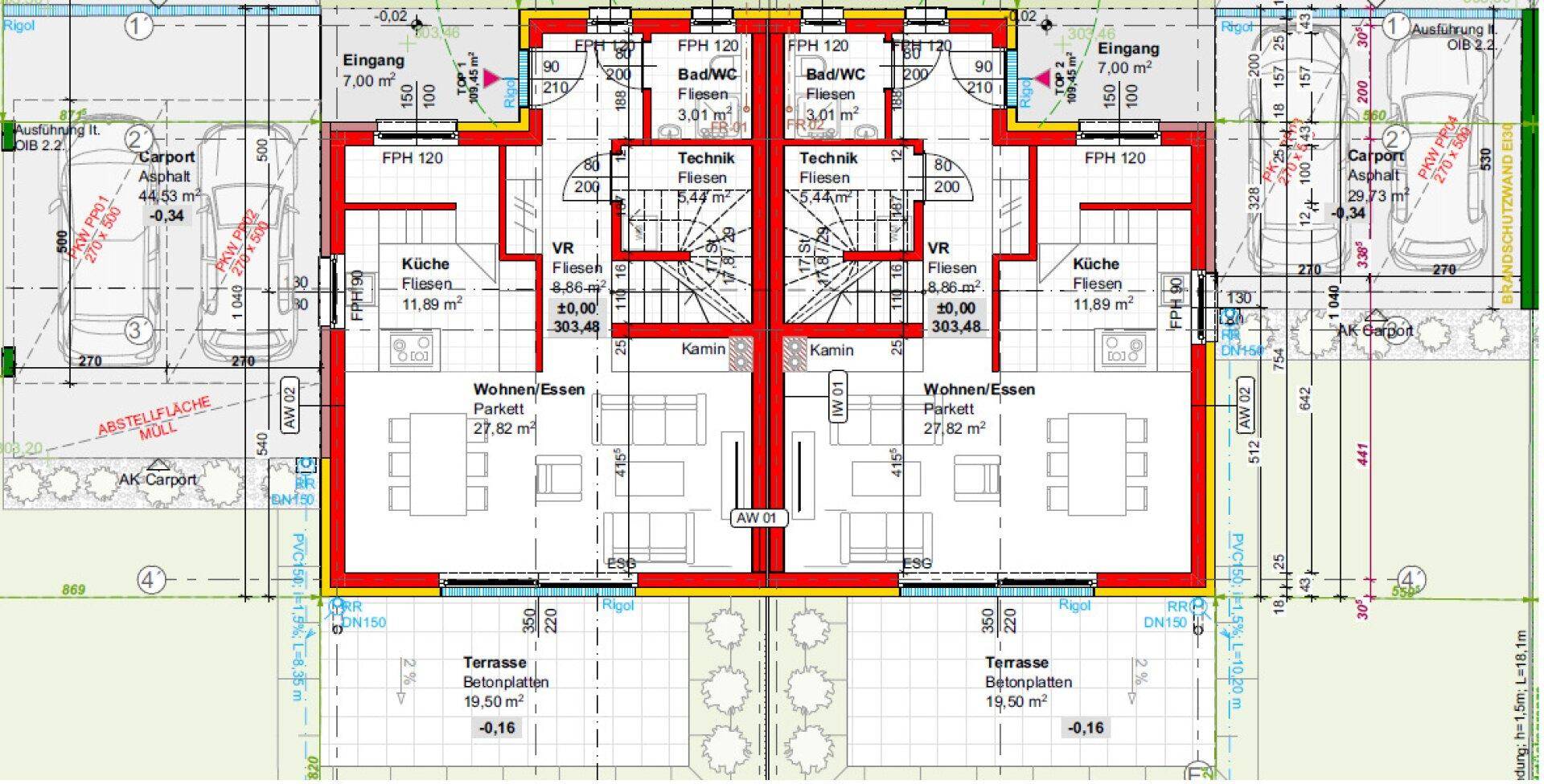 Grundriss des Erdgeschosses mit offenem Wohn-Essbereich, Küche, WC und Terrasse.