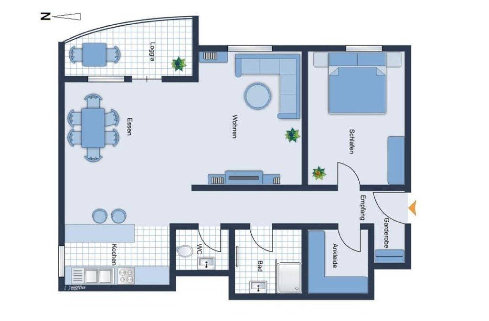 Grundriss der Wohnung mit Wohn-, Ess- und Schlafbereichen sowie Loggia und Bad.