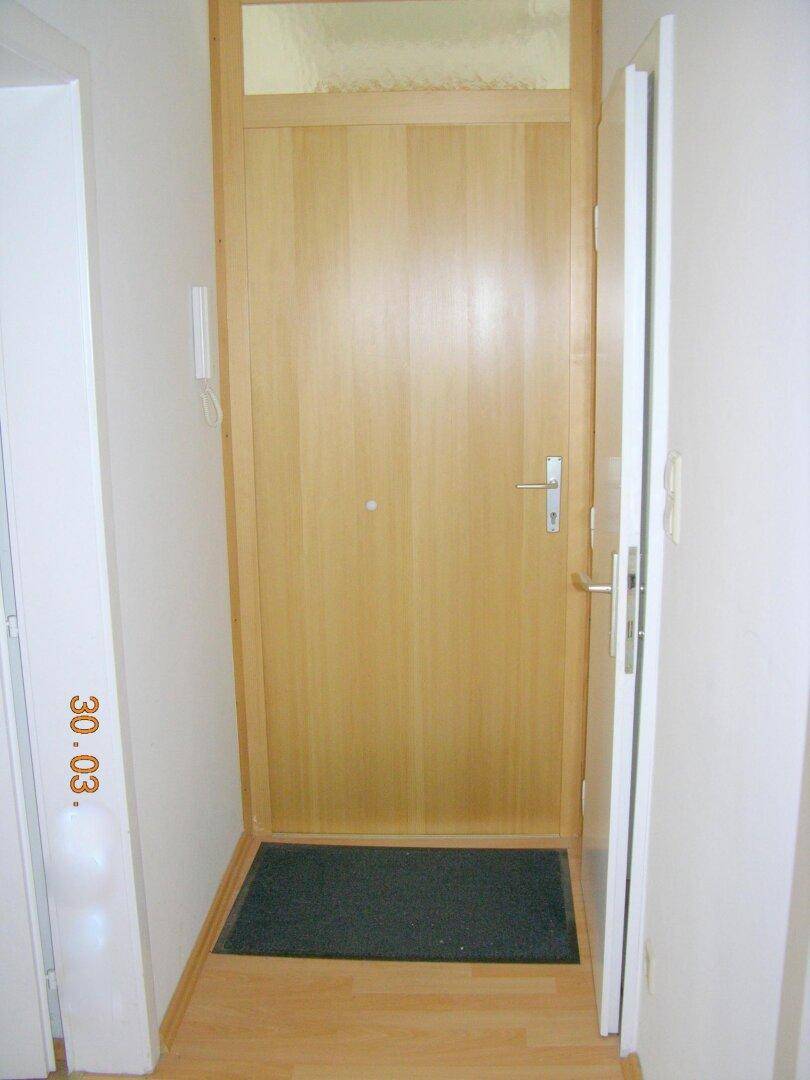 Eingangsbereich mit heller Holztür und Parkettboden, der zu den Wohnräumen führt.