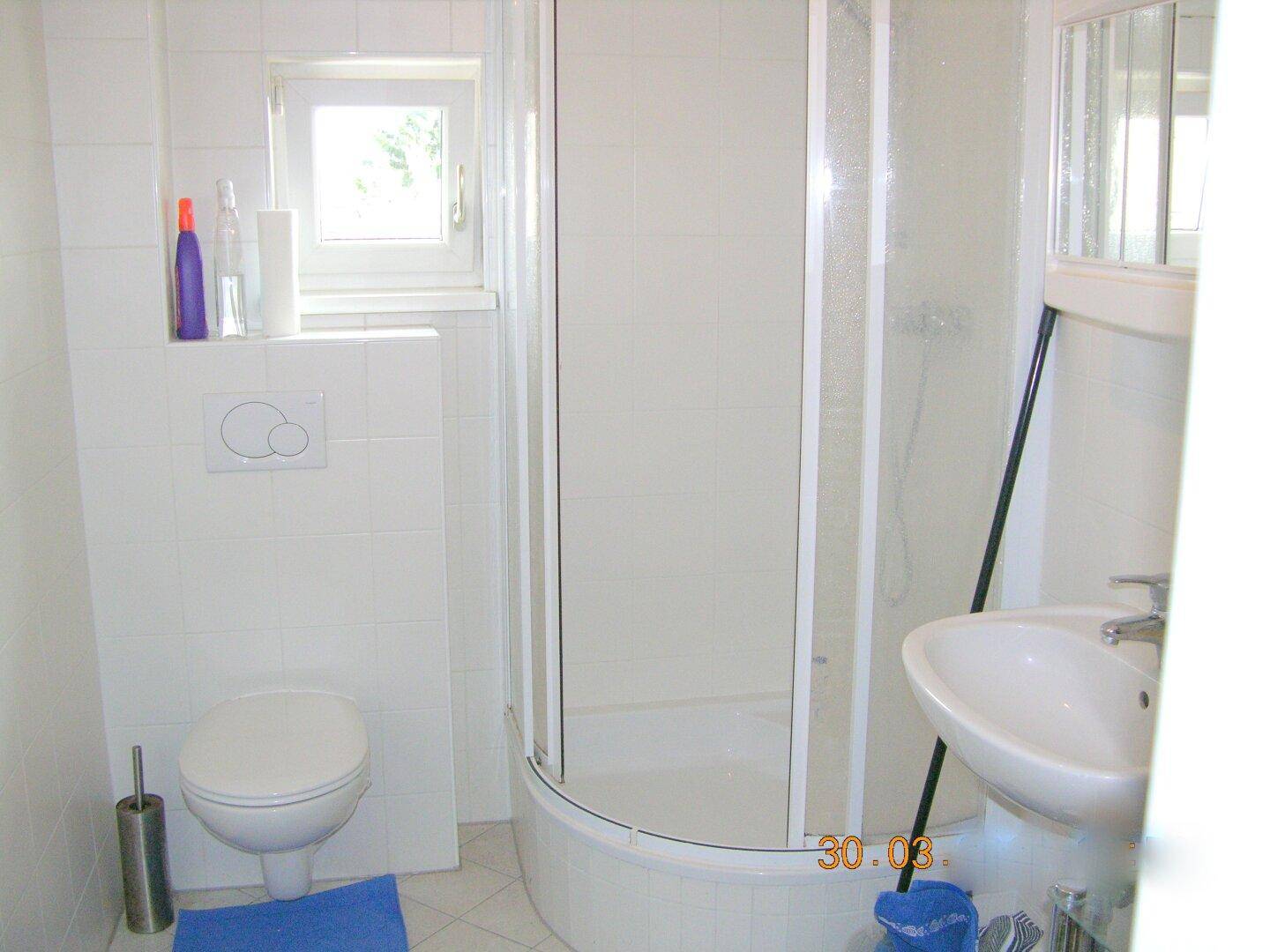 Funktionales Badezimmer mit weiß gefliesten Wänden, Dusche, WC und Fenster.
