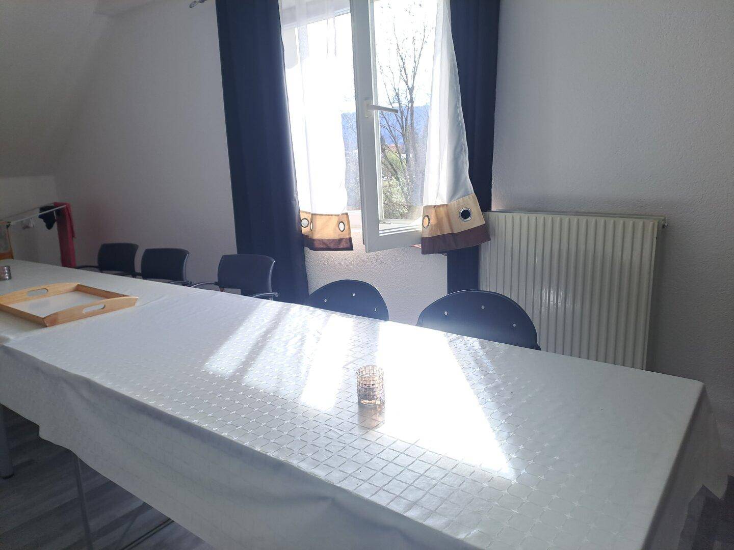 Heller Essbereich mit langem Tisch, Stühlen und Fenster mit Blick ins Grüne.