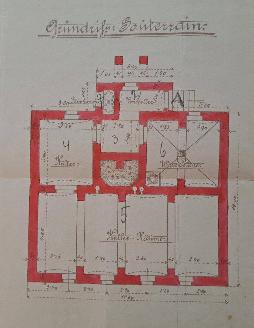 Historischer Grundriss des Souterrains mit Kellerräumen und Waschküche.