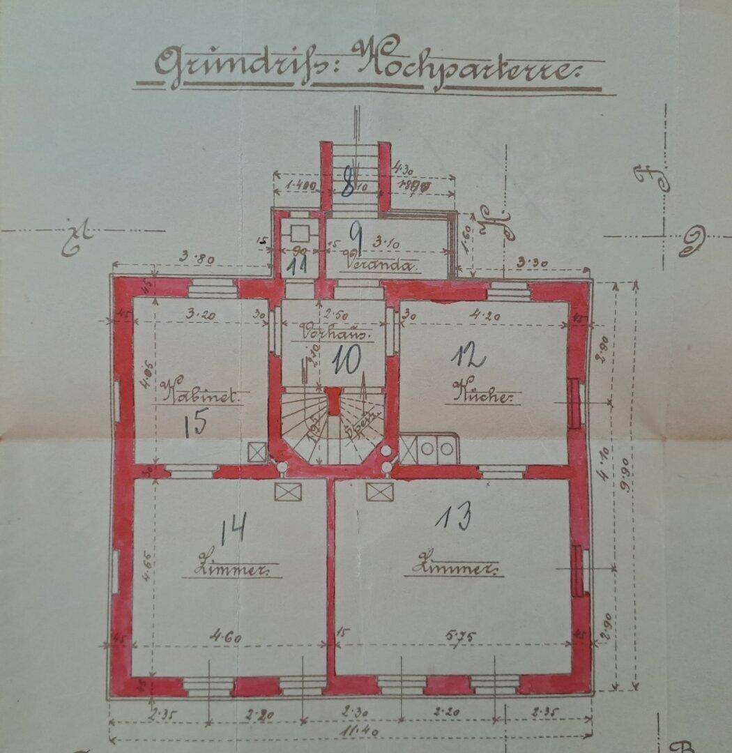 Historischer Grundriss des Hochparterres mit Zimmern und Veranda.