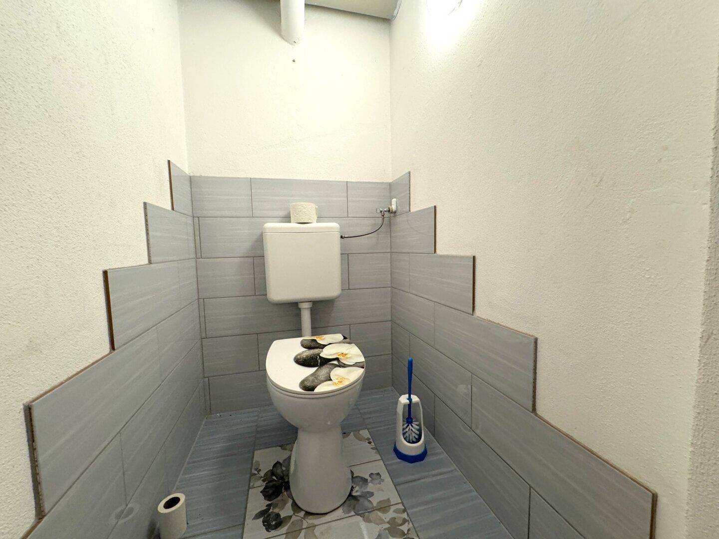 Separate Toilette mit blauen Fliesen und weißer Keramik.