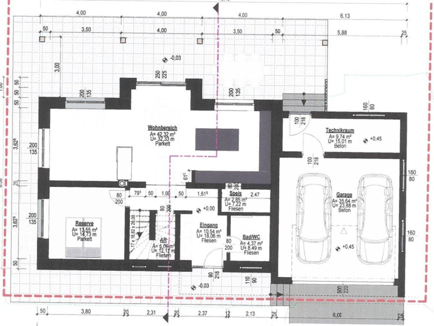 Grundriss des Erdgeschosses mit offenem Wohnbereich, Garage, Technikraum und Gäste-WC.