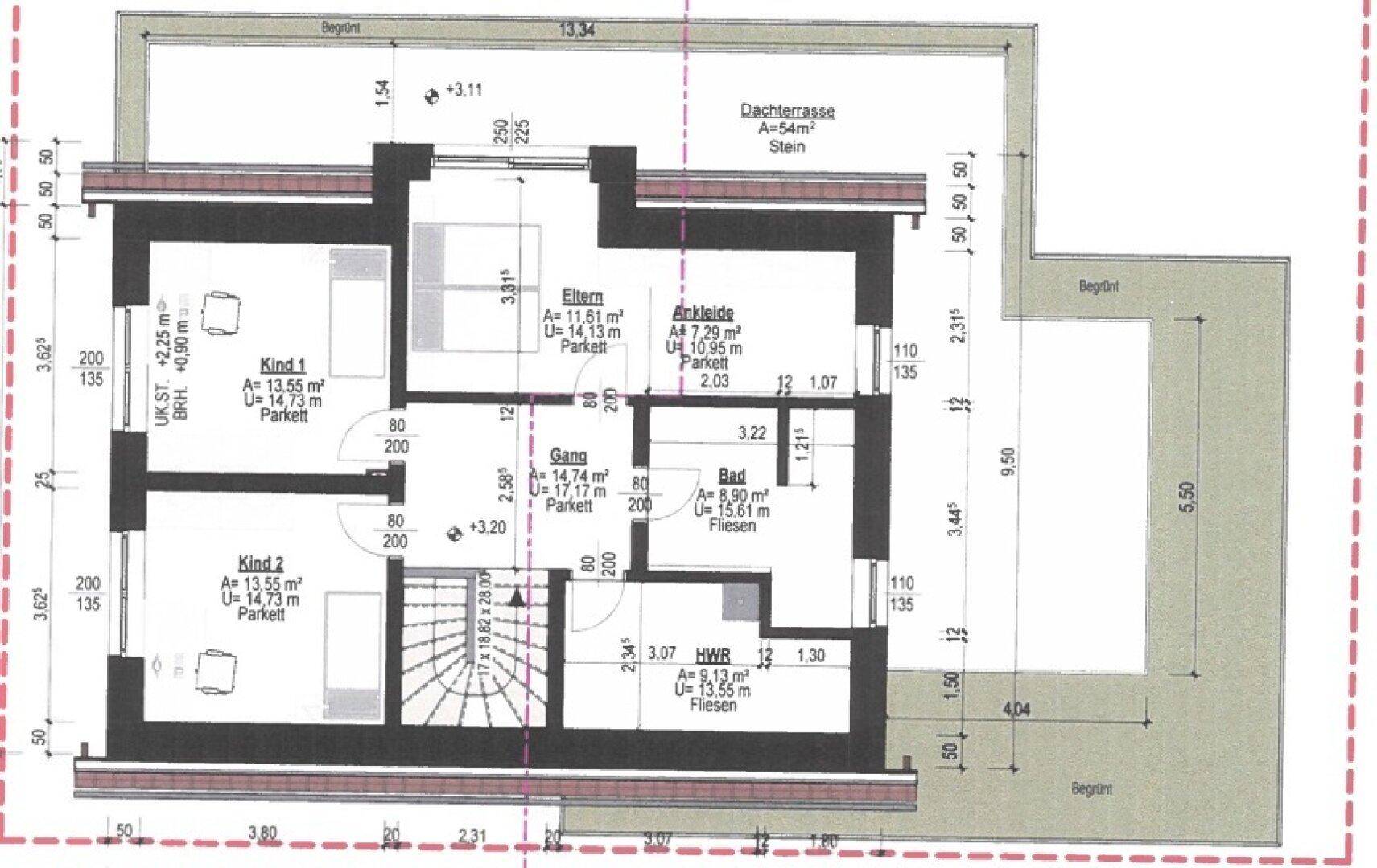 Grundriss des Obergeschosses mit mehreren Schlafzimmern, Bad, Ankleide und großer Dachterrasse.