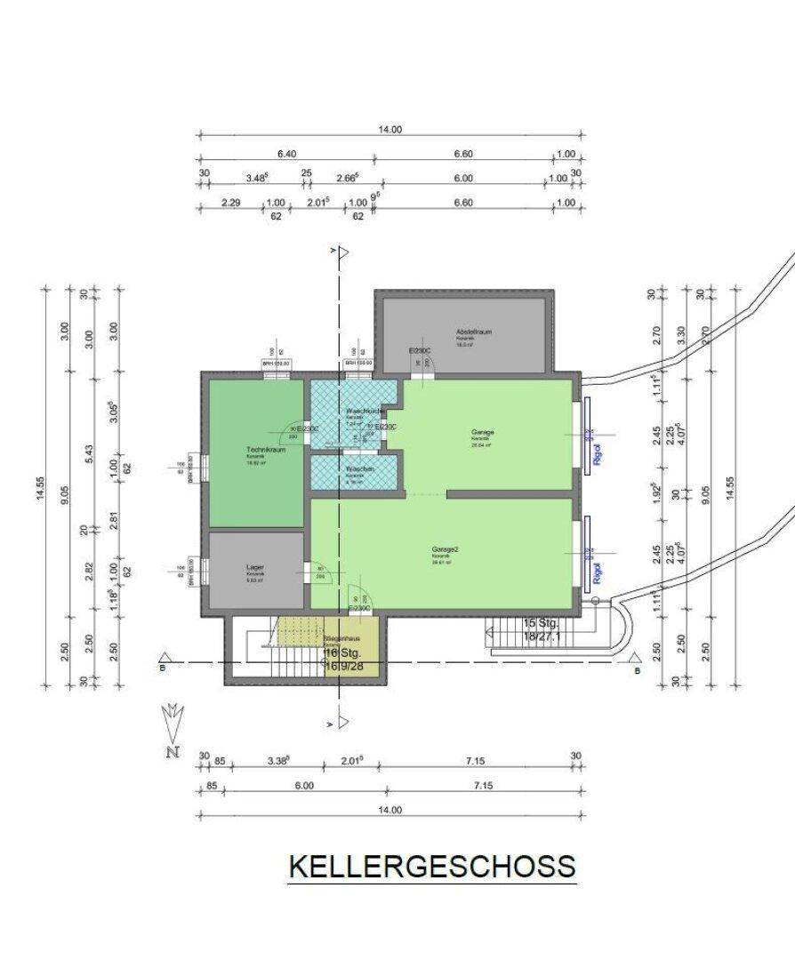 Grundriss des Kellergeschosses mit Garagen, Technik- und Lagerräumen.