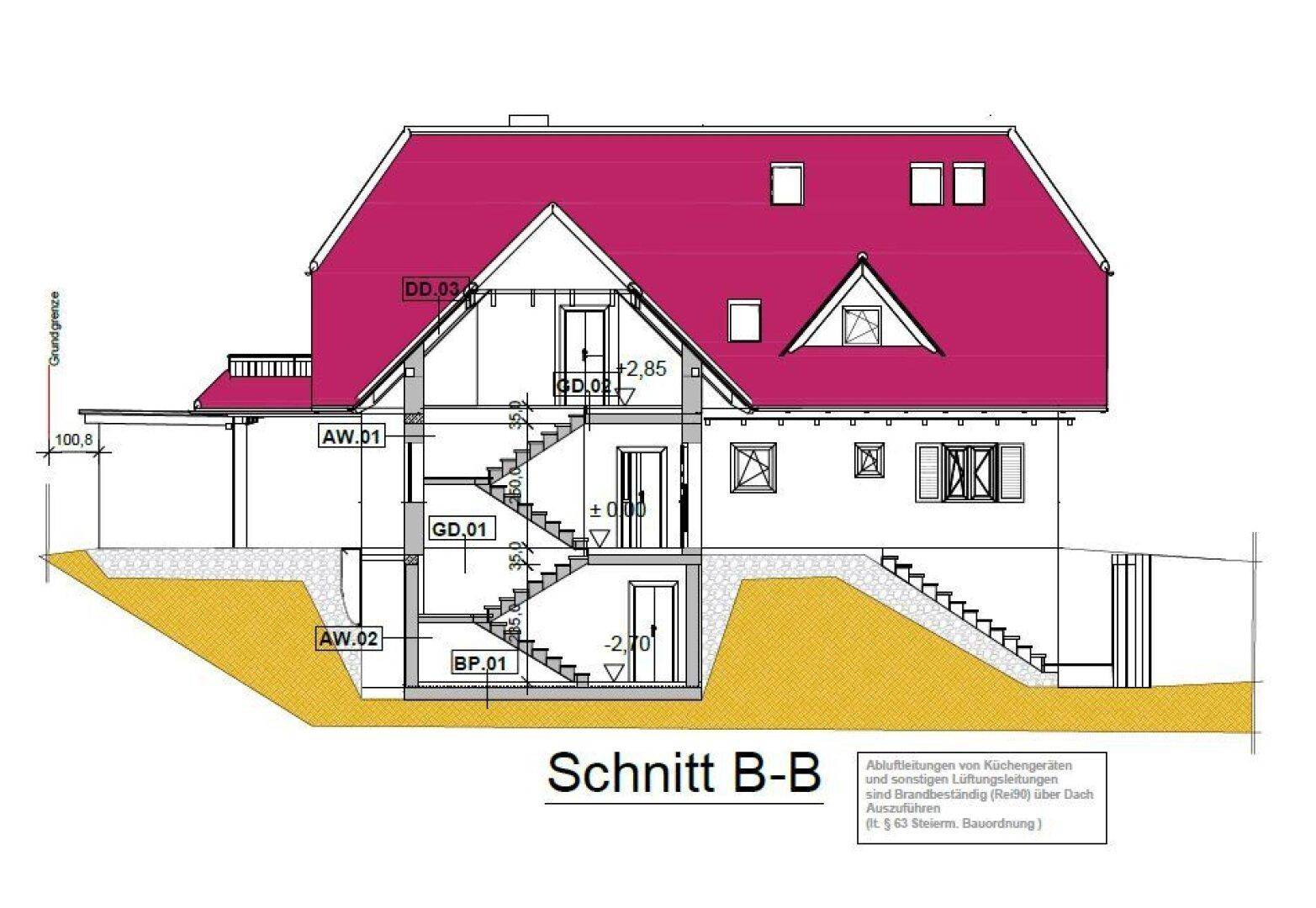 Architektonischer Schnitt B-B des Gebäudes, der die interne Struktur und die Treppenhäuser darstellt.