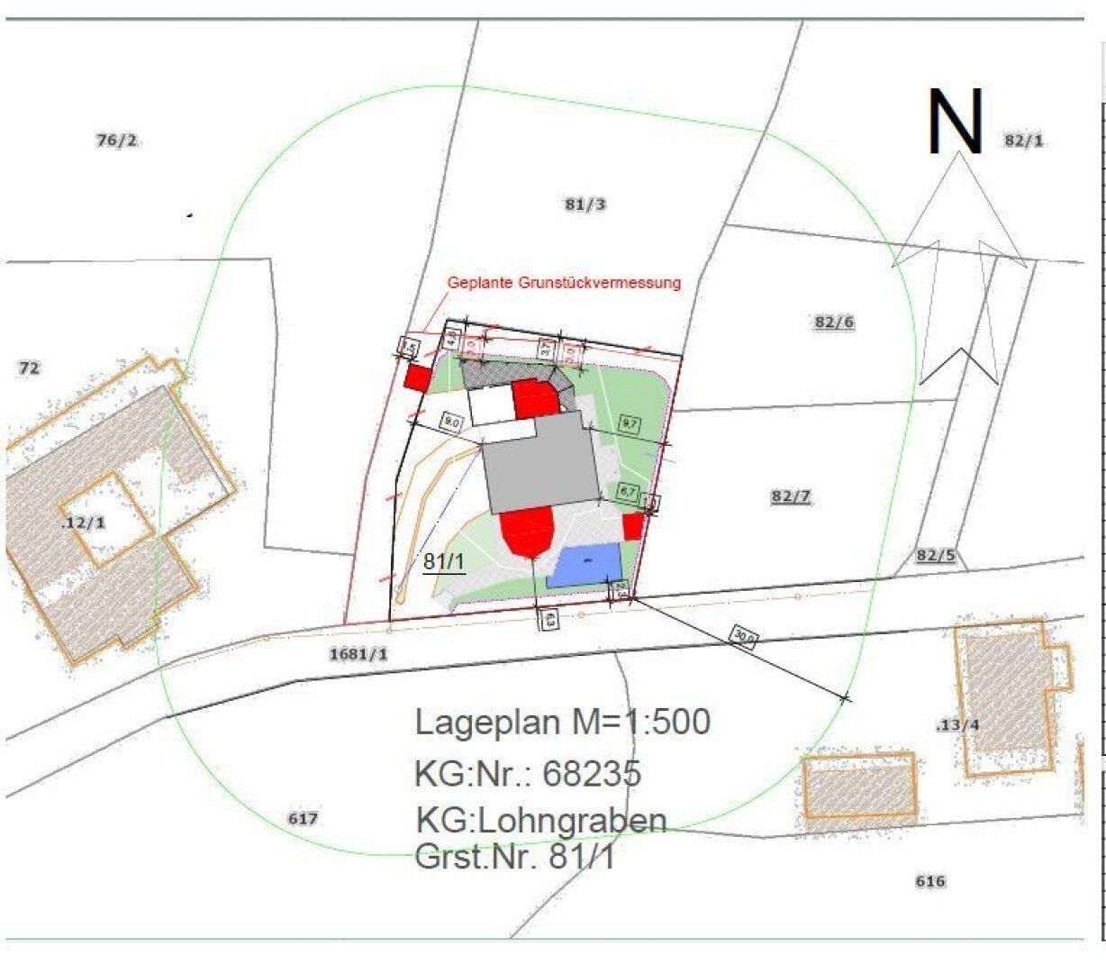Lageplan des Grundstücks mit eingezeichnetem Gebäude und umliegenden Parzellen.