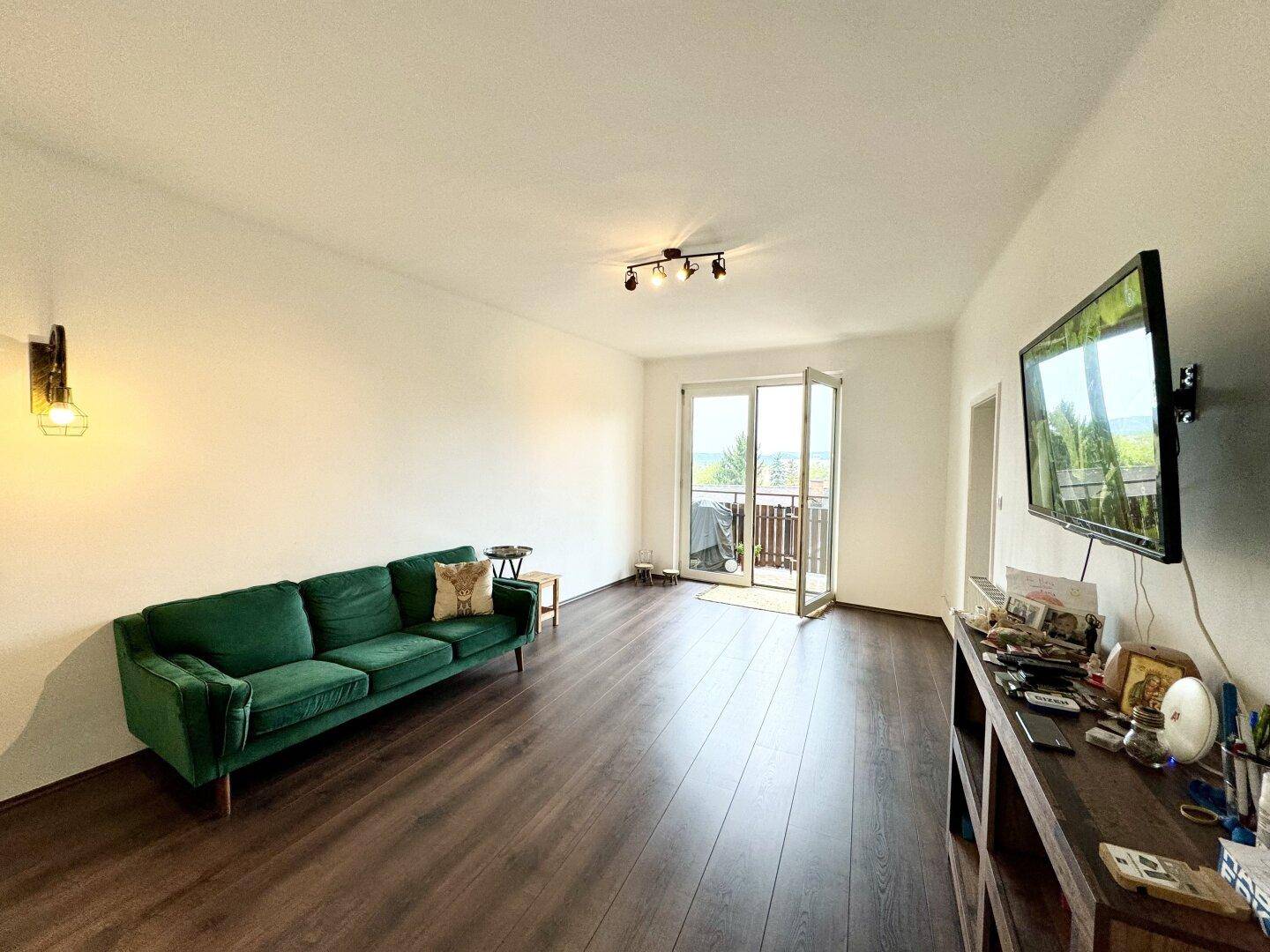 Gemütliches Wohnzimmer mit grünem Sofa, dunklem Laminatboden und direktem Zugang zum Balkon.