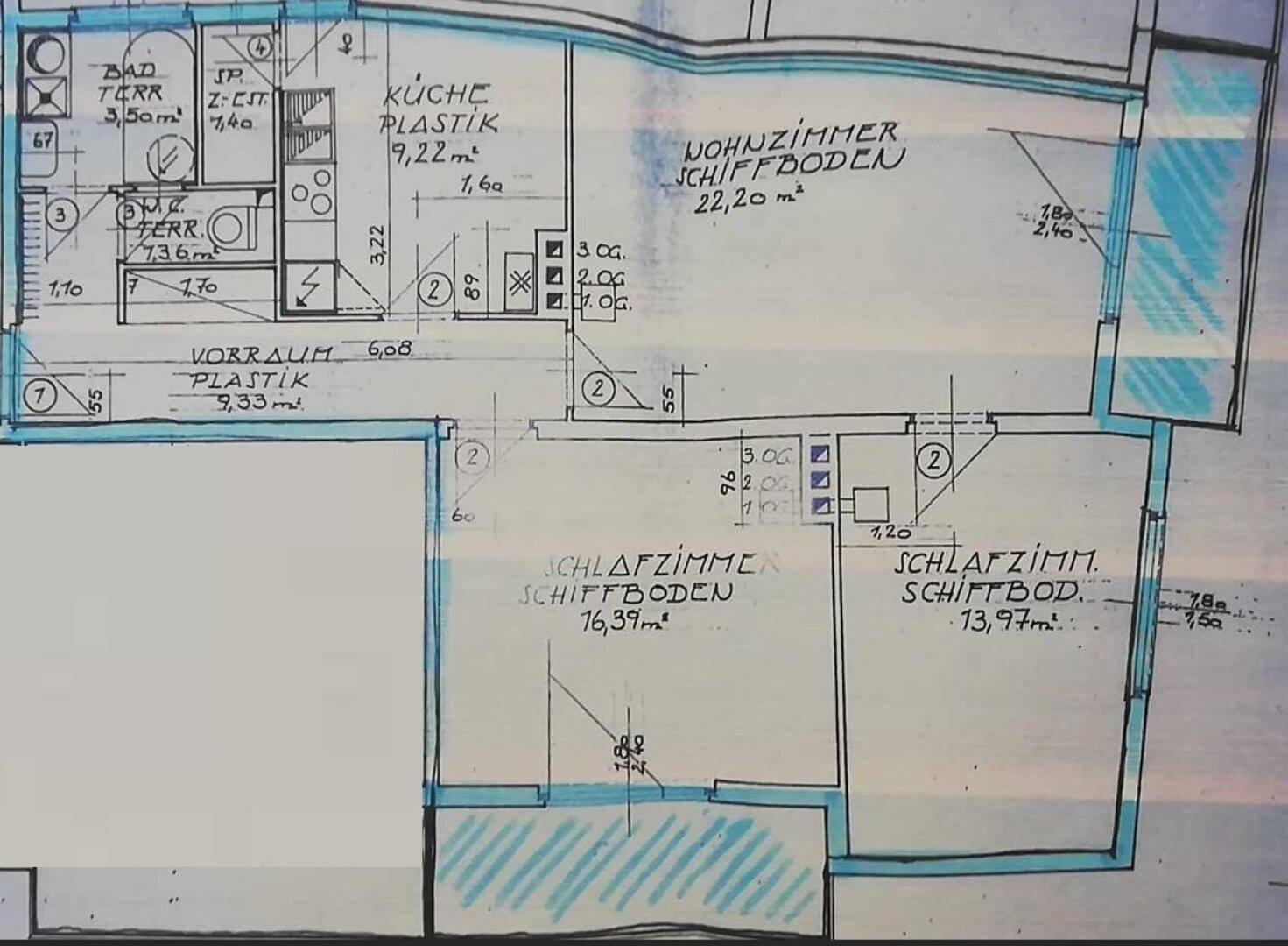 Handgezeichneter Grundriss der Wohnung mit Raumaufteilung und Flächenangaben.