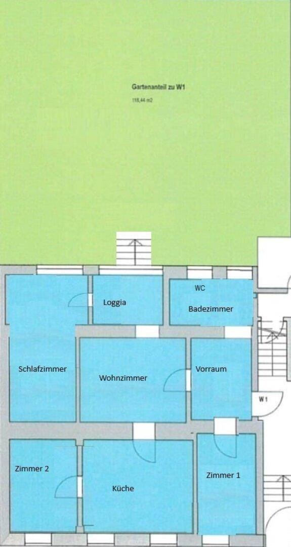 Grundriss der Wohnung mit mehreren Zimmern, Loggia und einem großen Gartenanteil.