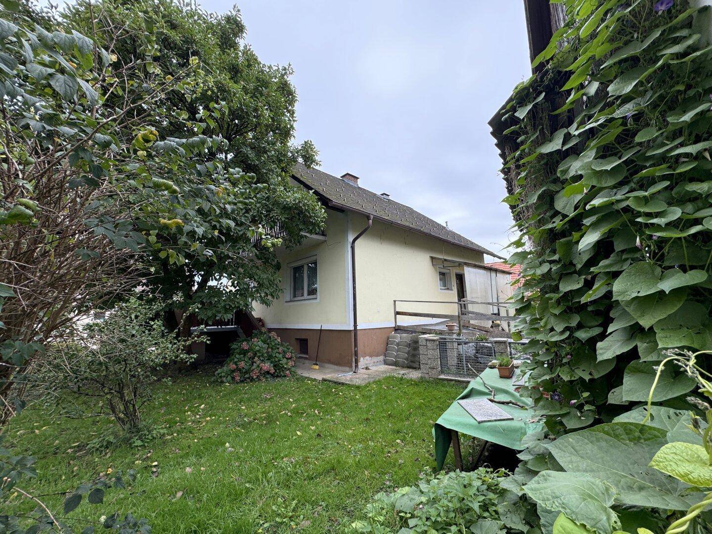 Hinterer Gartenbereich des Hauses mit Rasenfläche, Bäumen und Sträuchern unter bewölktem Himmel.