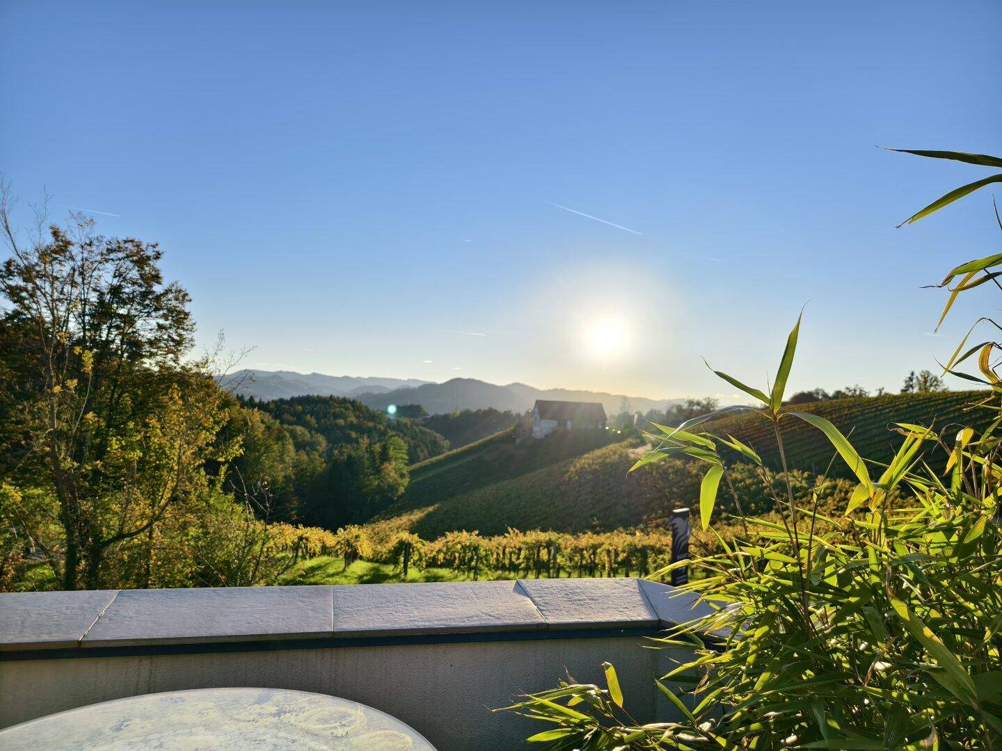 Malerischer Sonnenuntergang über den Weinbergen und Bergen, gesehen von einer Terrasse.