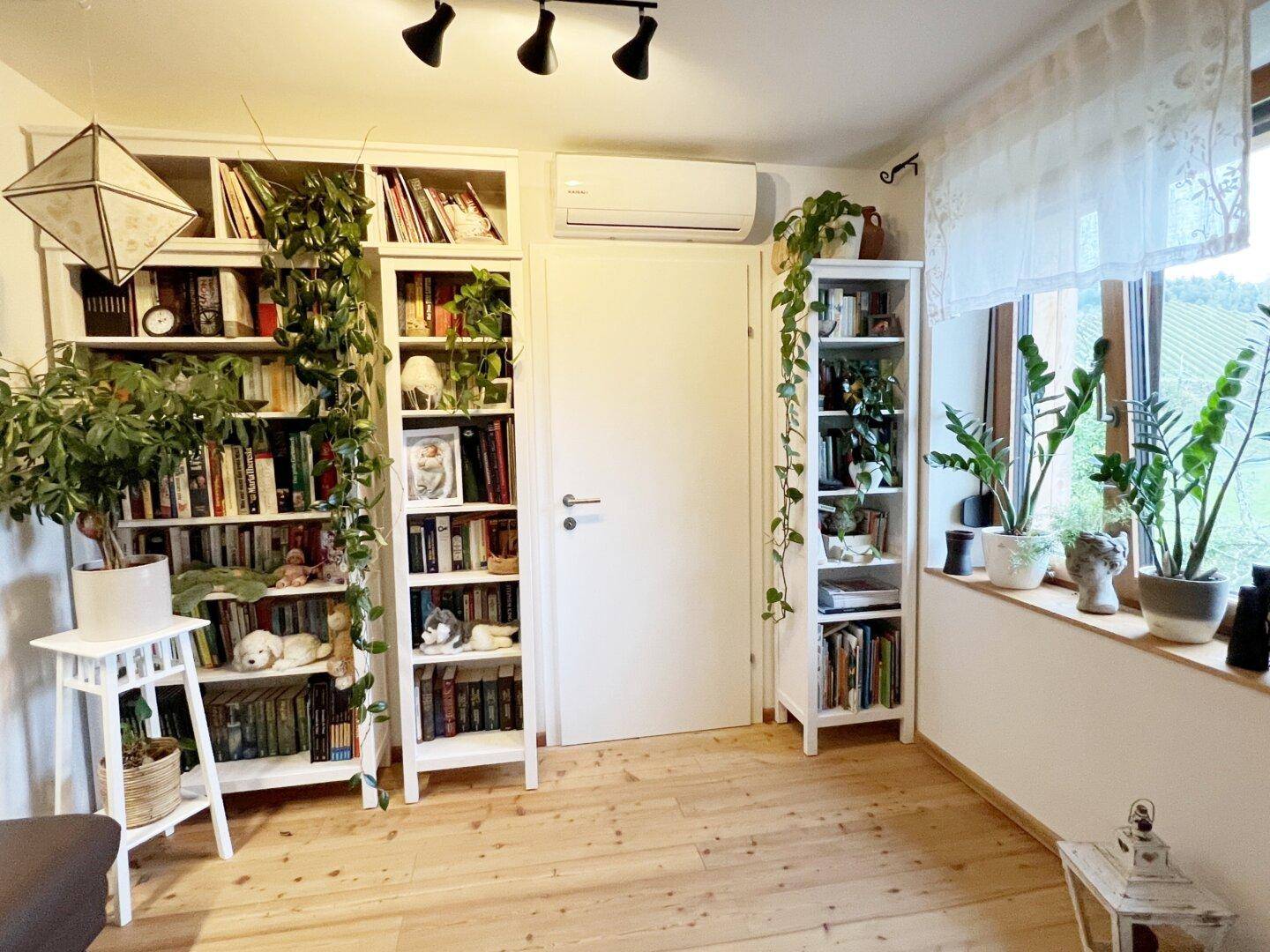 Heller Wohnbereich mit Bücherregalen, vielen Pflanzen, Klimaanlage und Holzboden.