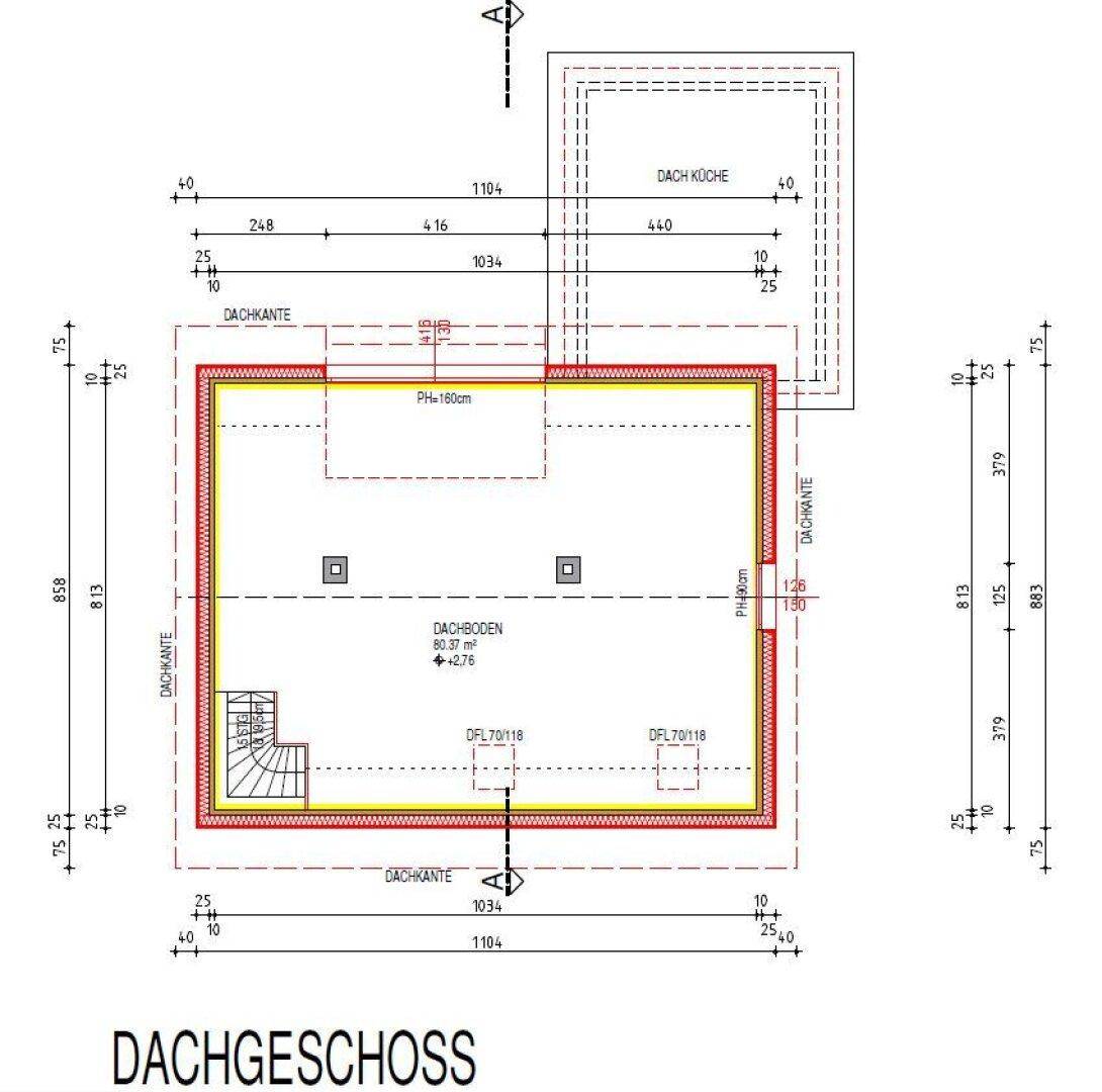 Grundriss des Dachgeschosses mit großem Dachbodenbereich und geplanter Dachküche.