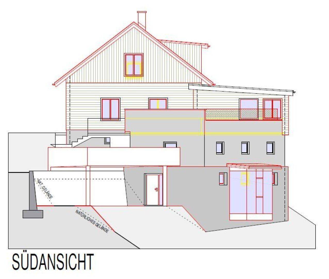 Südansicht des Gebäudes mit mehreren Ebenen, Balkon und einem Wintergarten im Untergeschoss.