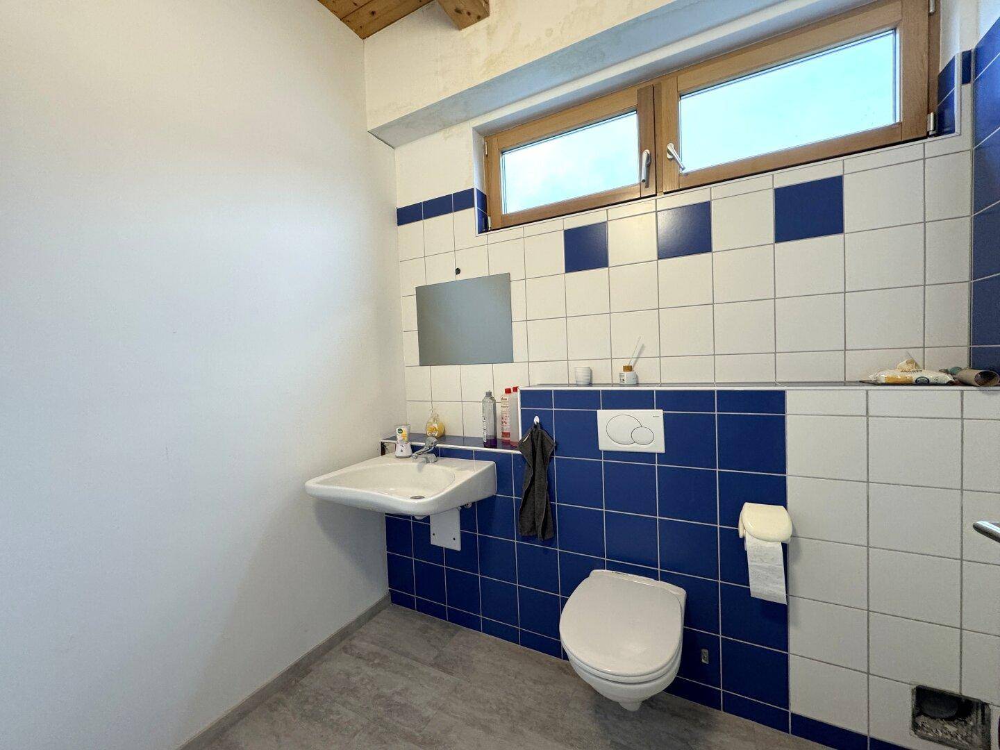 Badezimmer mit blauen und weißen Fliesen, einem Waschbecken, Toilette und einem Fenster für natürliche Belüftung.