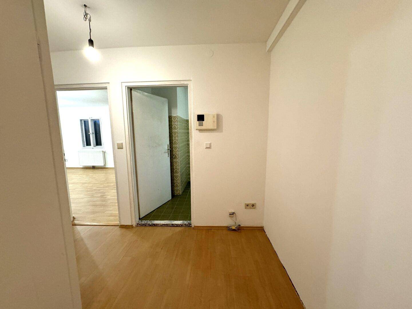 Flur mit Laminatboden und Zugang zu verschiedenen Zimmern, inklusive Badezimmer.