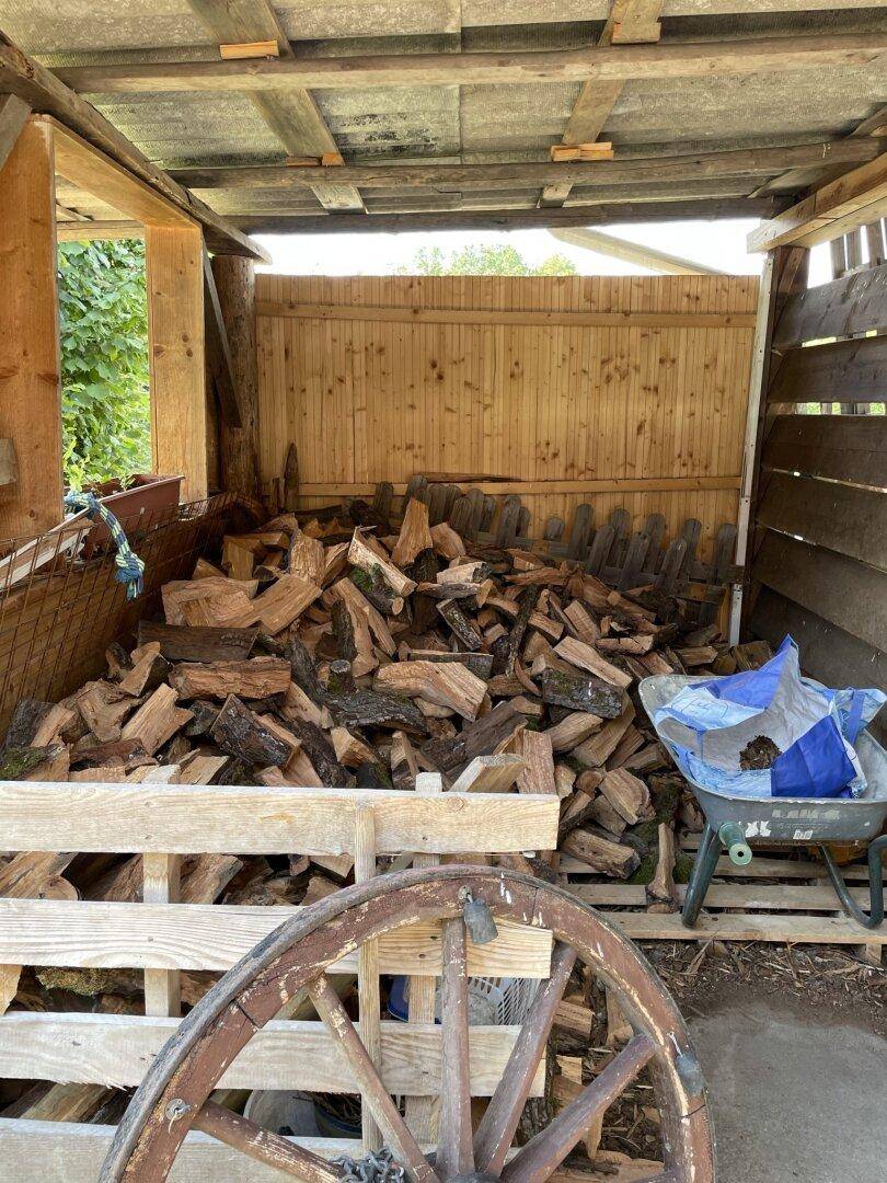 Holzschuppen mit gestapeltem Brennholz, bereit für den Winter.