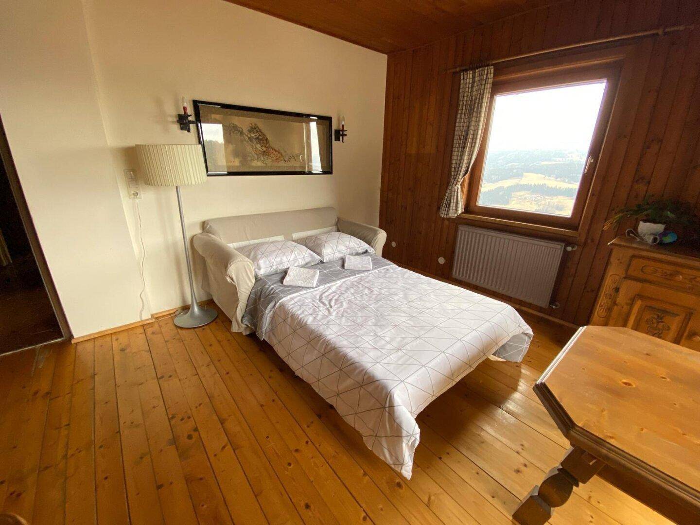 Helles Schlafzimmer mit Holzboden, Holzvertäfelung und einem Schlafsofa, das als Bett genutzt wird.