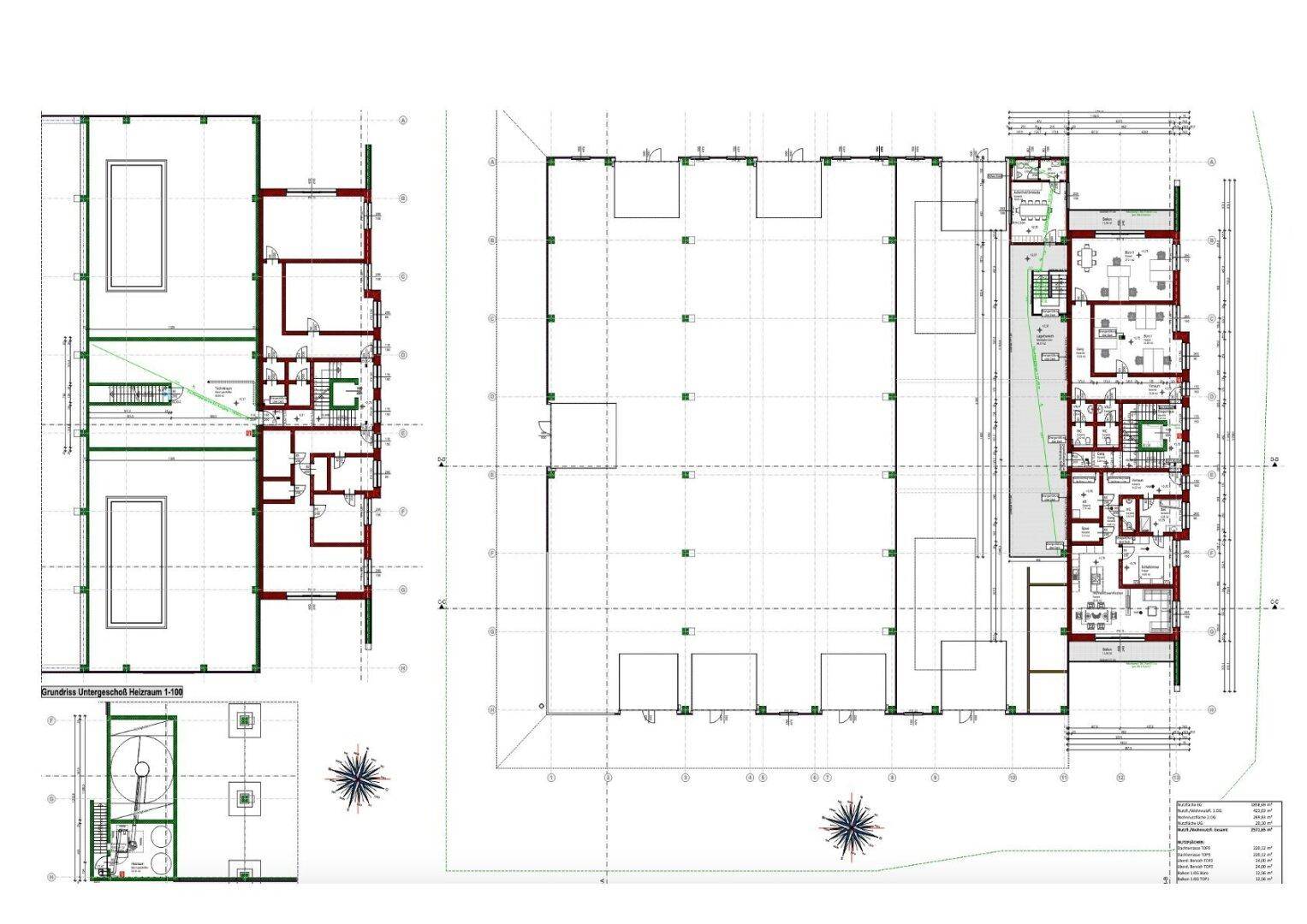 Detaillierter Grundriss des Gebäudes mit verschiedenen Ebenen und Raumaufteilung.