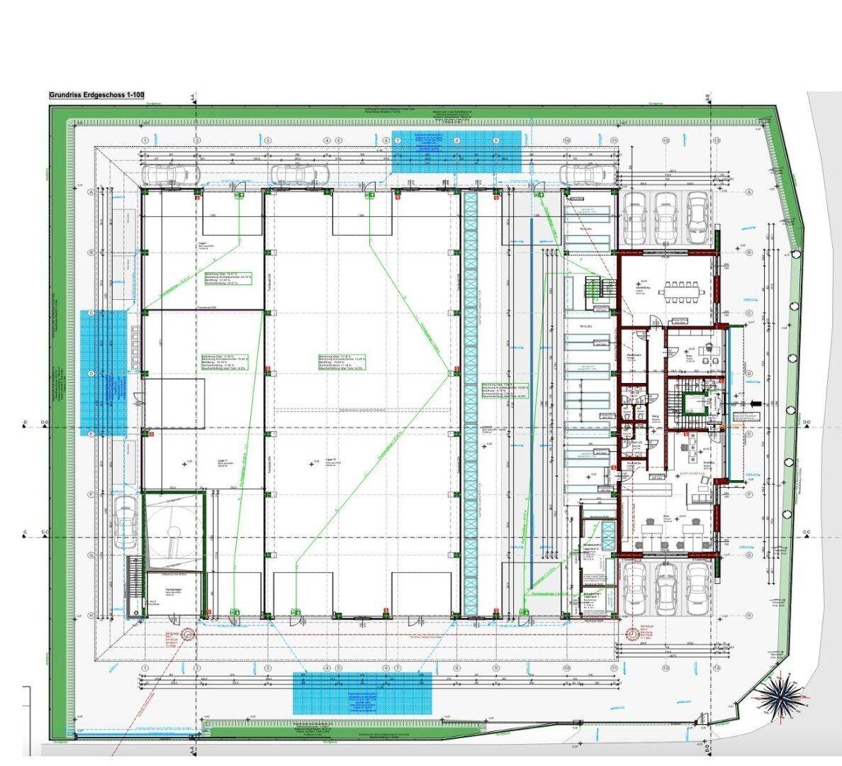 Grundriss des Erdgeschosses mit Parkplätzen und Gebäudestruktur.