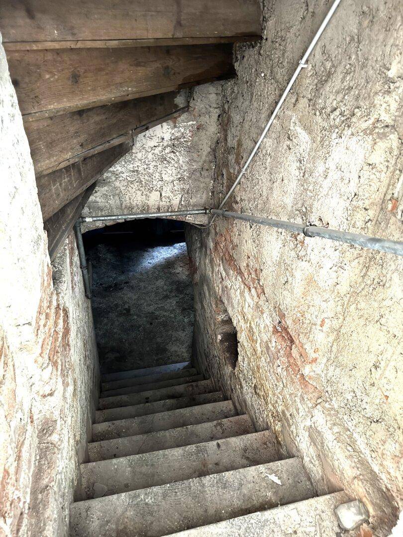 Alter Kellerabgang mit steinernen Wänden und Holztreppe, der in einen dunklen Bereich führt.