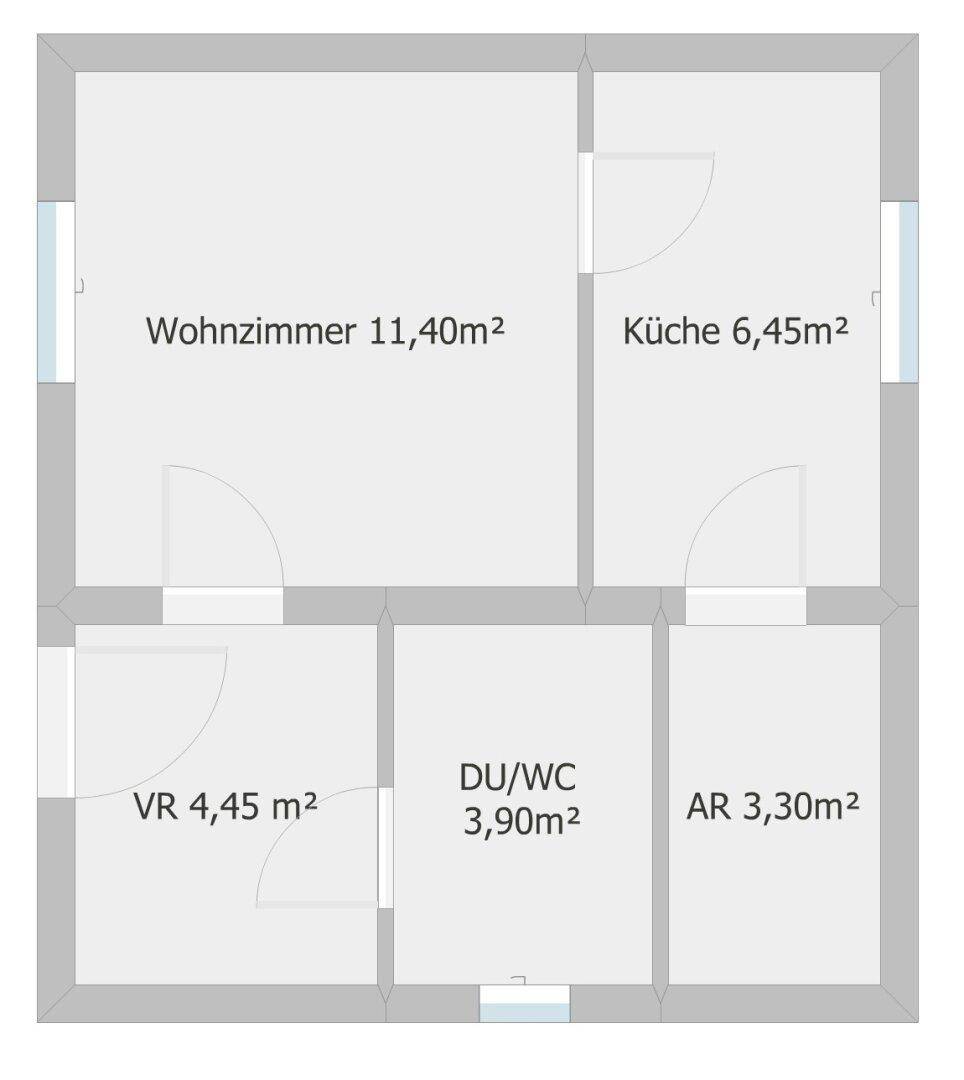 Grundriss des Dachgeschosses mit Wohnzimmer, Küche und Bad/WC in offener Gestaltung.