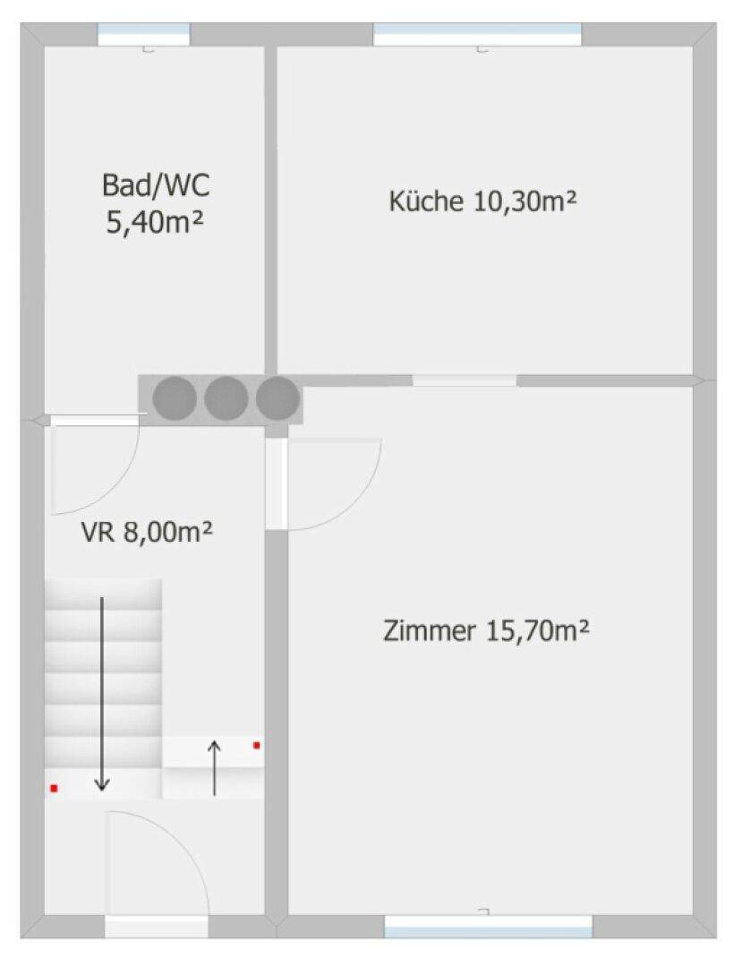 Grundriss des Erdgeschosses mit Küche, Bad und einem weiteren Zimmer für flexible Nutzung.