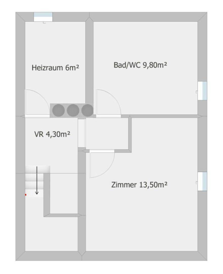 Grundriss des Untergeschosses mit Heizraum, Bad und einem zusätzlichen Zimmer.