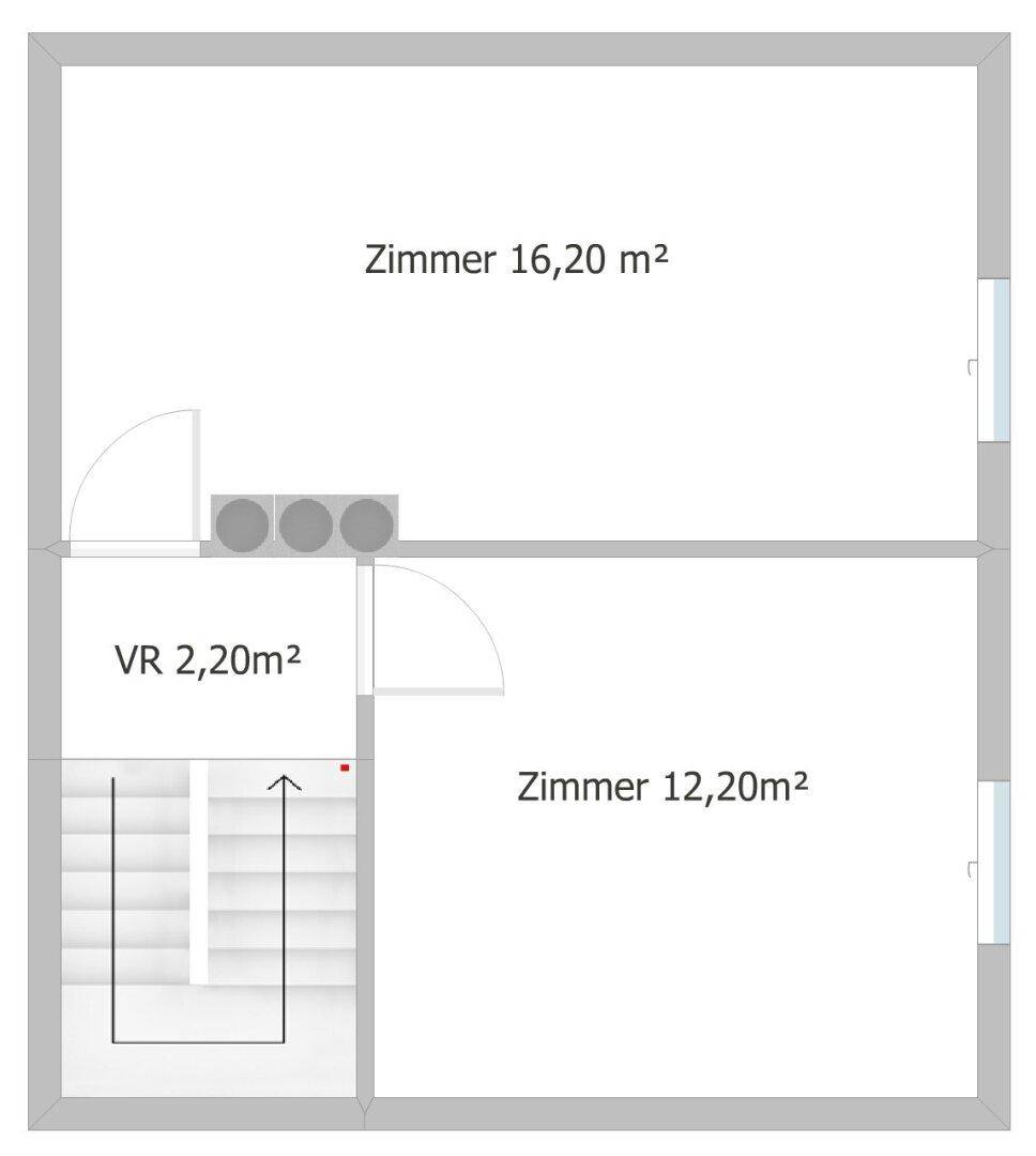 Grundriss des Obergeschosses mit zwei Zimmern und Treppenaufgang unter dem Dach.