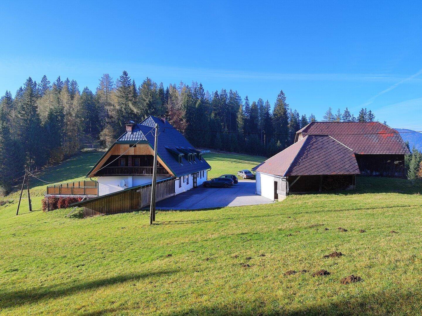 Zwei traditionelle Gebäude mit gepflastertem Bereich, umgeben von grünen Wiesen und Wäldern.