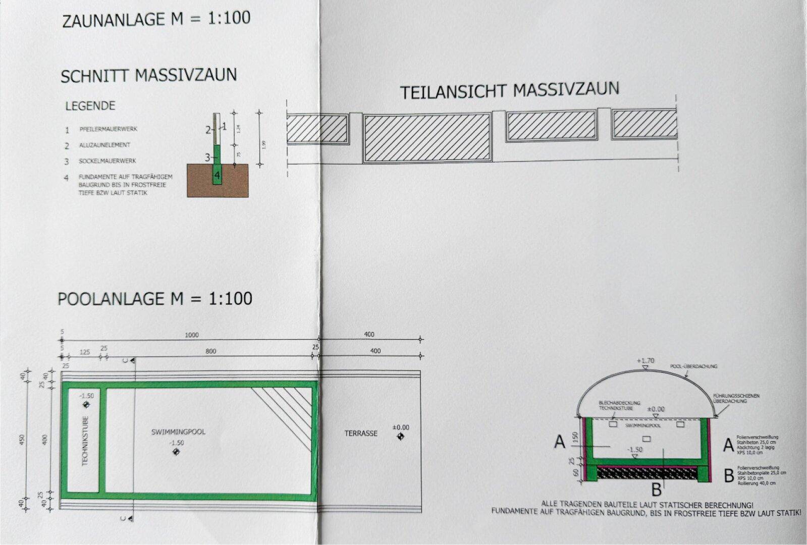 Pläne für eine Poolanlage und einen Massivzaun mit technischen Details und Abmessungen.